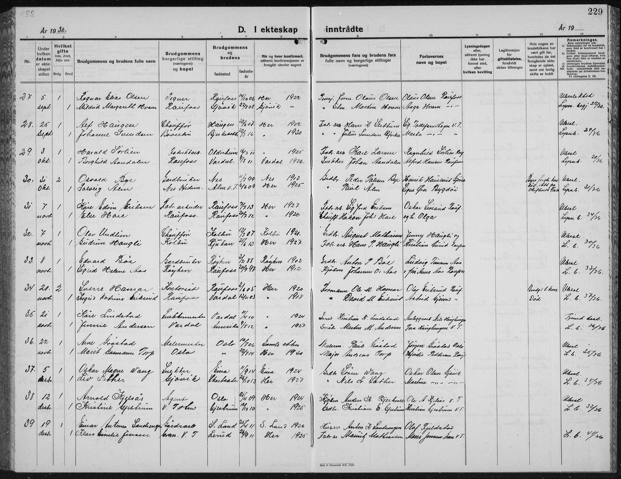 Vestre Toten prestekontor, SAH/PREST-108/H/Ha/Hab/L0018: Klokkerbok nr. 18, 1928-1941, s. 229