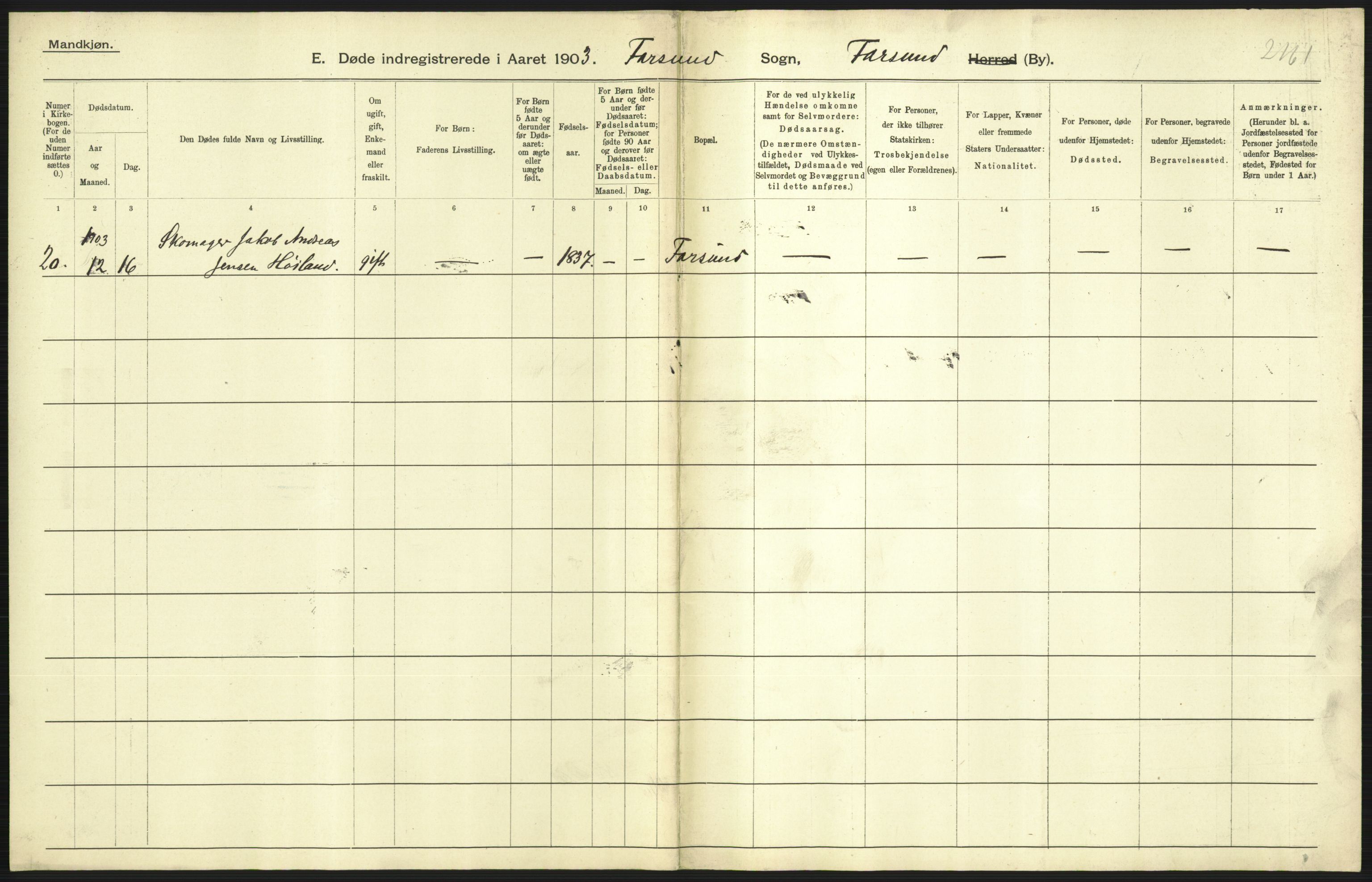 Statistisk sentralbyrå, Sosiodemografiske emner, Befolkning, AV/RA-S-2228/D/Df/Dfa/Dfaa/L0011: Lister og Mandal amt: Fødte, gifte, døde, 1903, s. 555