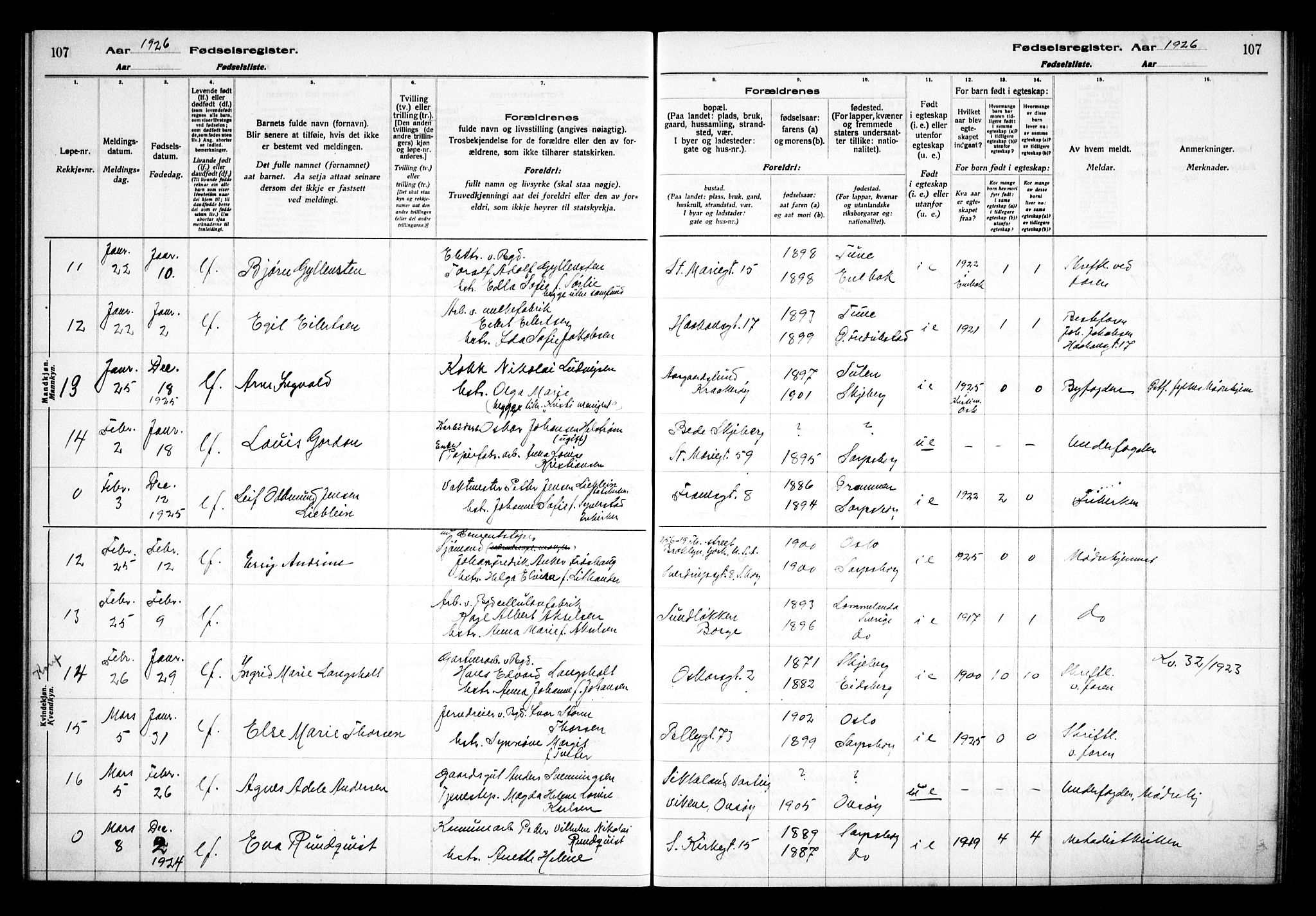 Sarpsborg prestekontor Kirkebøker, AV/SAO-A-2006/J/Ja/L0002: Fødselsregister nr. 2, 1922-1928, s. 107