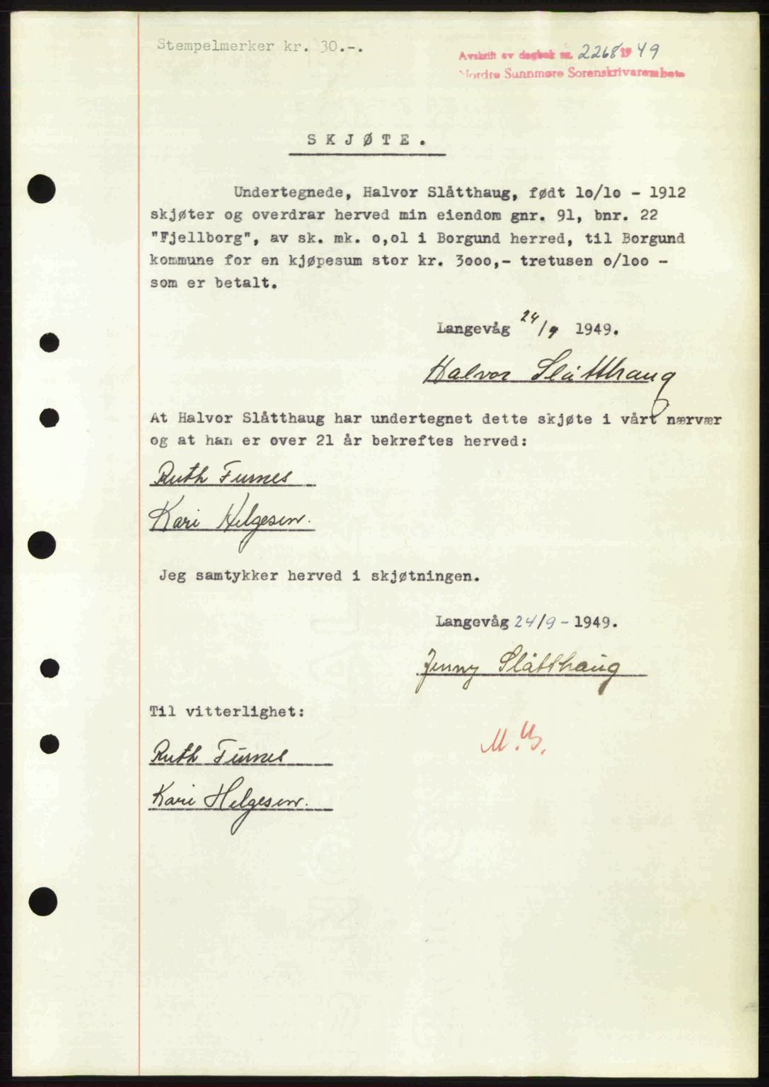 Nordre Sunnmøre sorenskriveri, SAT/A-0006/1/2/2C/2Ca: Pantebok nr. A32, 1949-1949, Dagboknr: 2268/1949