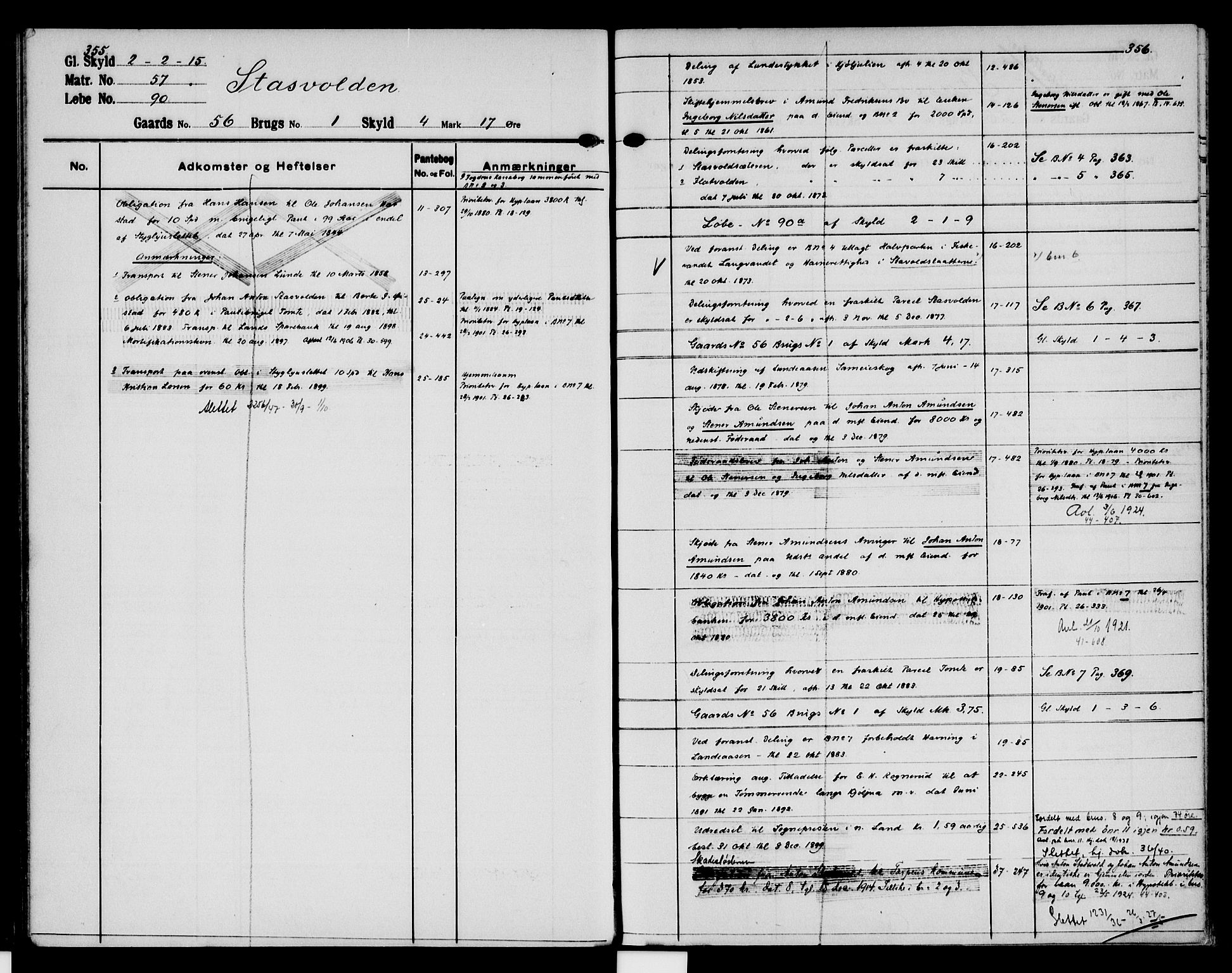 Hadeland og Land tingrett, SAH/TING-010/H/Ha/Hac/L0020: Panteregister nr. 3.20, 1906-1952, s. 355-356