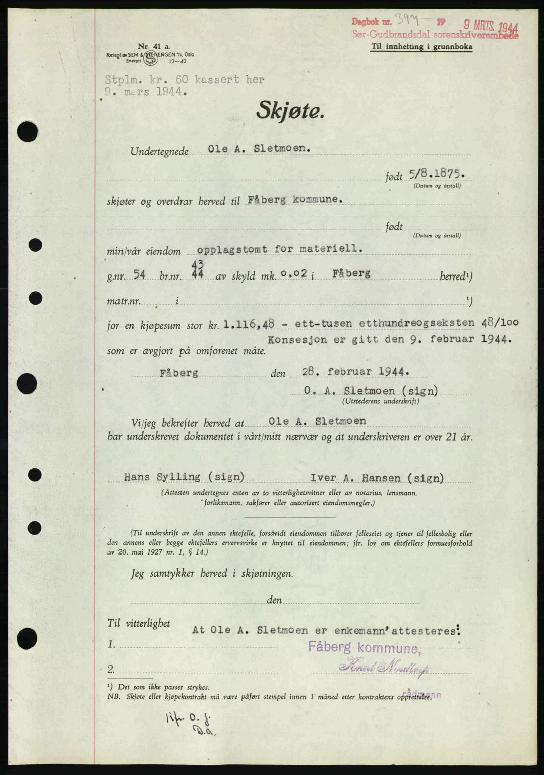 Sør-Gudbrandsdal tingrett, SAH/TING-004/H/Hb/Hbd/L0013: Pantebok nr. A13, 1944-1944, Dagboknr: 397/1944