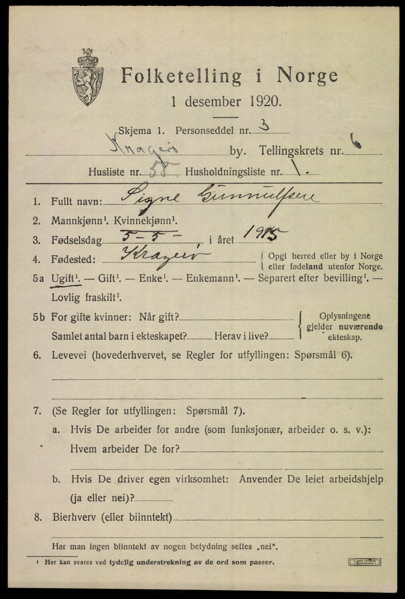 SAKO, Folketelling 1920 for 0801 Kragerø kjøpstad, 1920, s. 9697