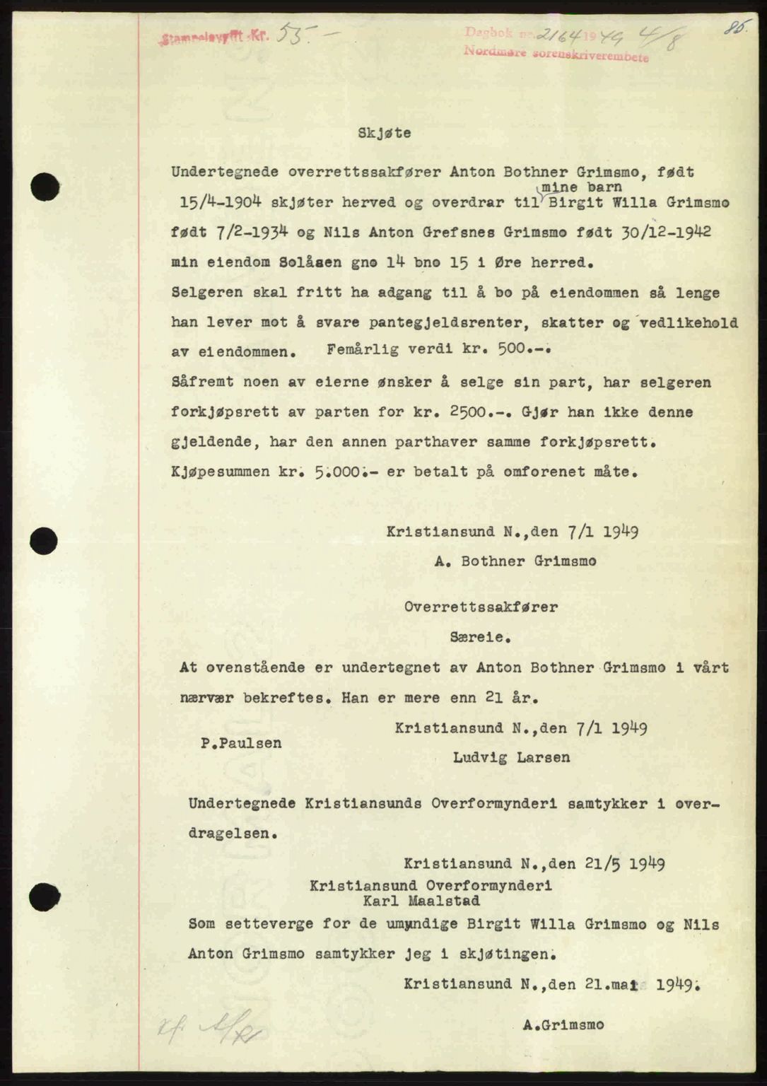Nordmøre sorenskriveri, SAT/A-4132/1/2/2Ca: Pantebok nr. A112, 1949-1949, Dagboknr: 2164/1949