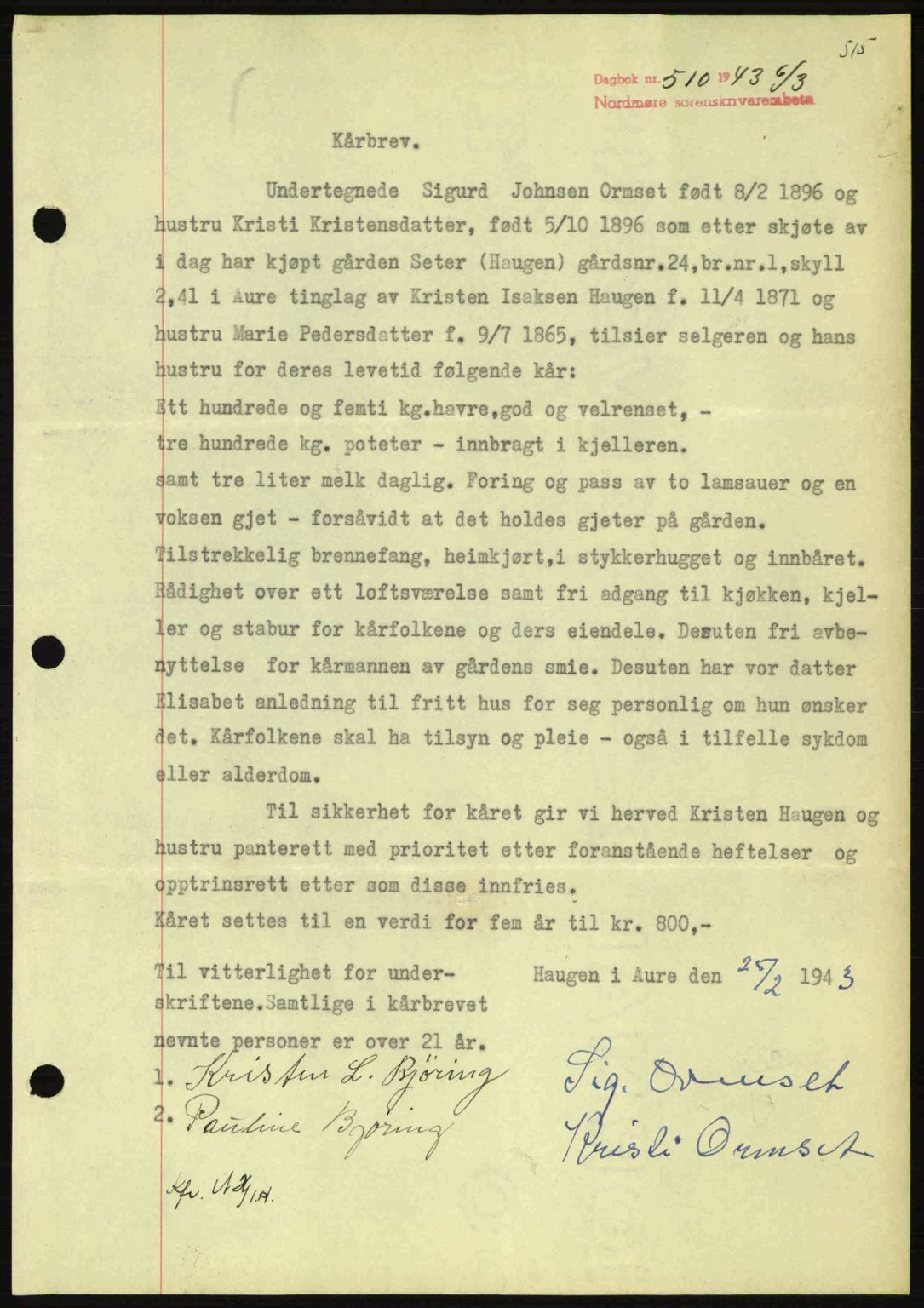 Nordmøre sorenskriveri, SAT/A-4132/1/2/2Ca: Pantebok nr. B90, 1942-1943, Dagboknr: 510/1943