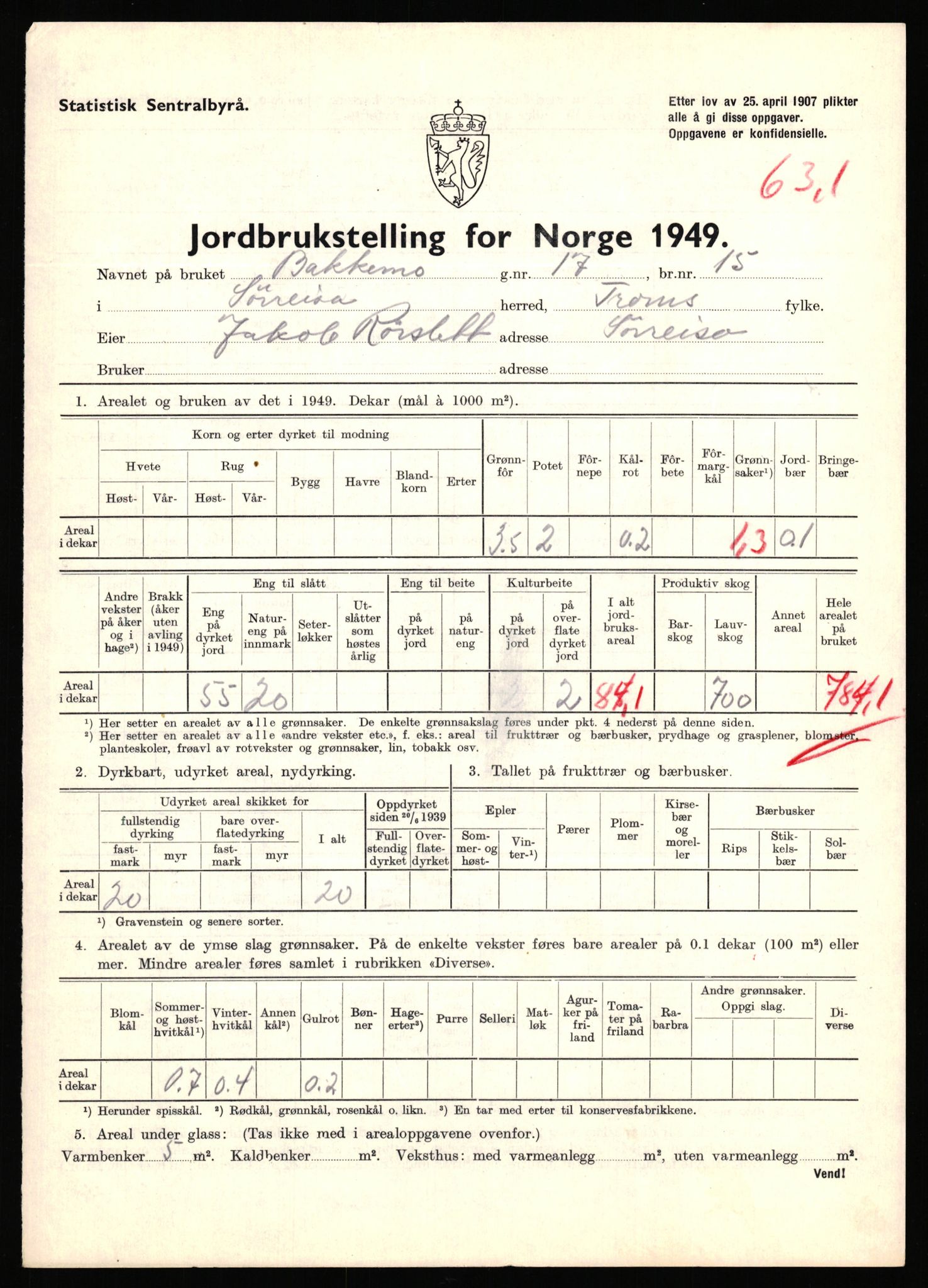 Statistisk sentralbyrå, Næringsøkonomiske emner, Jordbruk, skogbruk, jakt, fiske og fangst, AV/RA-S-2234/G/Gc/L0440: Troms: Sørreisa og Dyrøy, 1949, s. 809