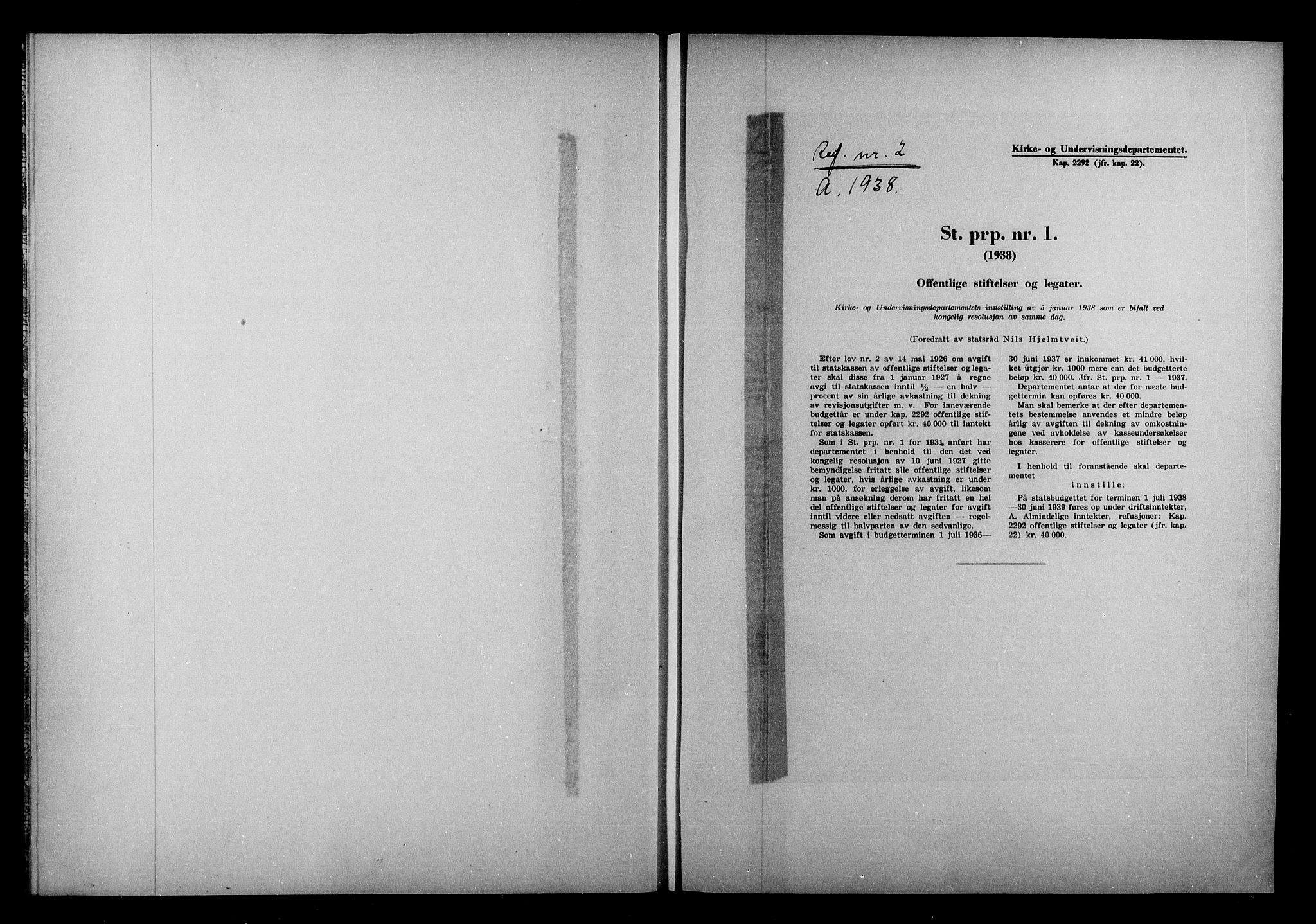Kirke- og undervisningsdepartementet, Kontoret  for kirke og geistlighet A, AV/RA-S-1007/A/Aa/L0358: Referatprotokoll m/register. Ref.nr. 1-125, 1938