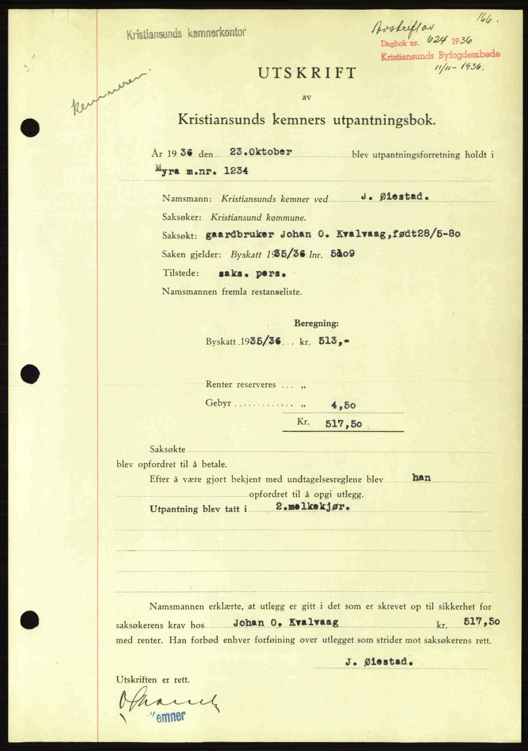 Kristiansund byfogd, SAT/A-4587/A/27: Pantebok nr. 29, 1936-1937, Dagboknr: 624/1936