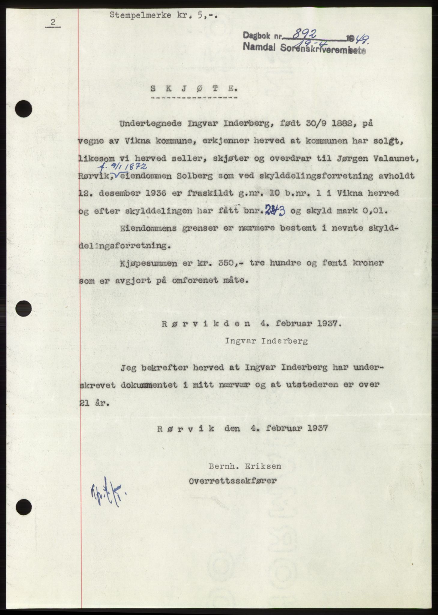 Namdal sorenskriveri, SAT/A-4133/1/2/2C: Pantebok nr. -, 1949-1949, Dagboknr: 892/1949