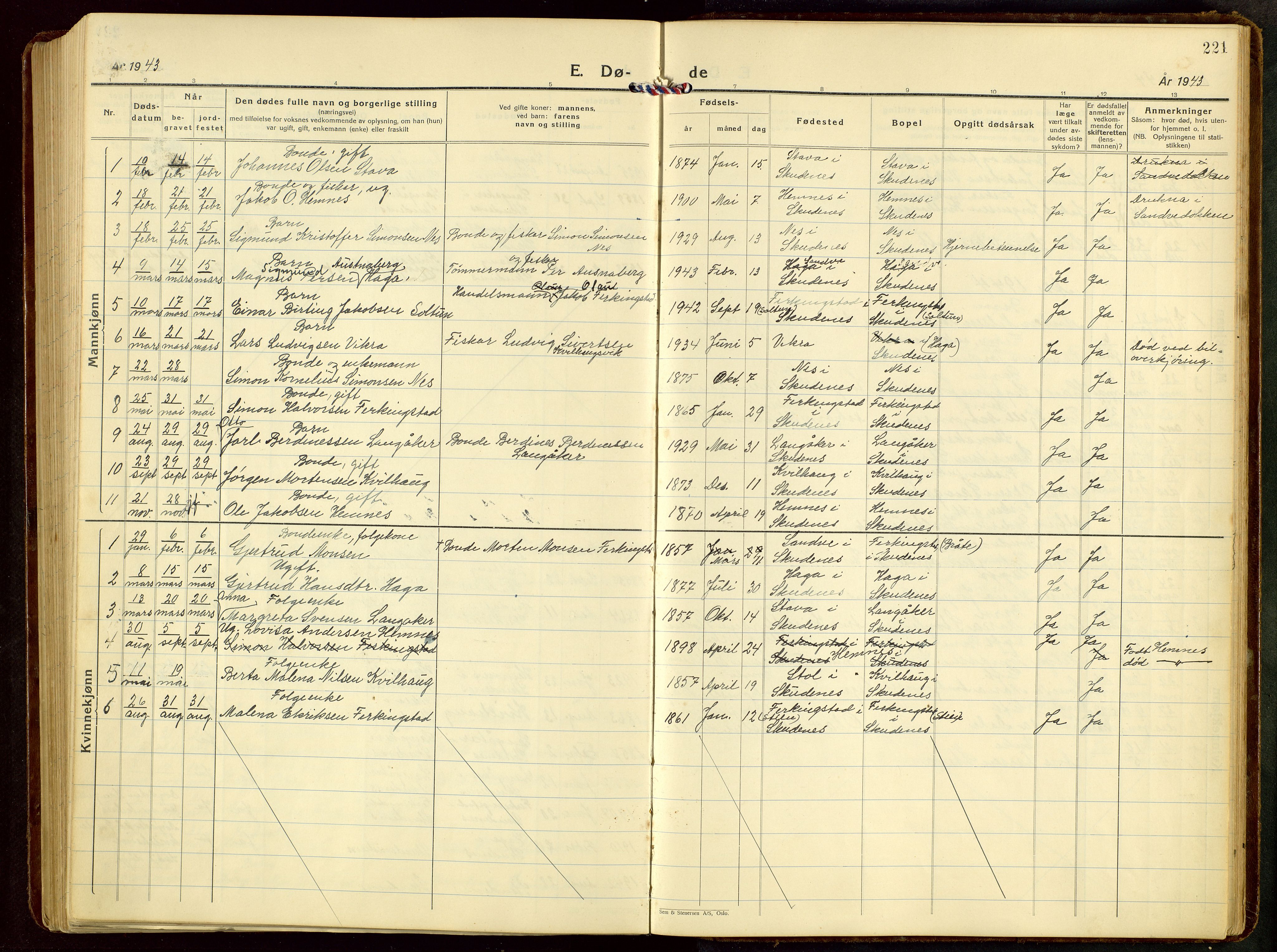 Skudenes sokneprestkontor, AV/SAST-A -101849/H/Ha/Hab/L0012: Klokkerbok nr. B 12, 1936-1968, s. 221