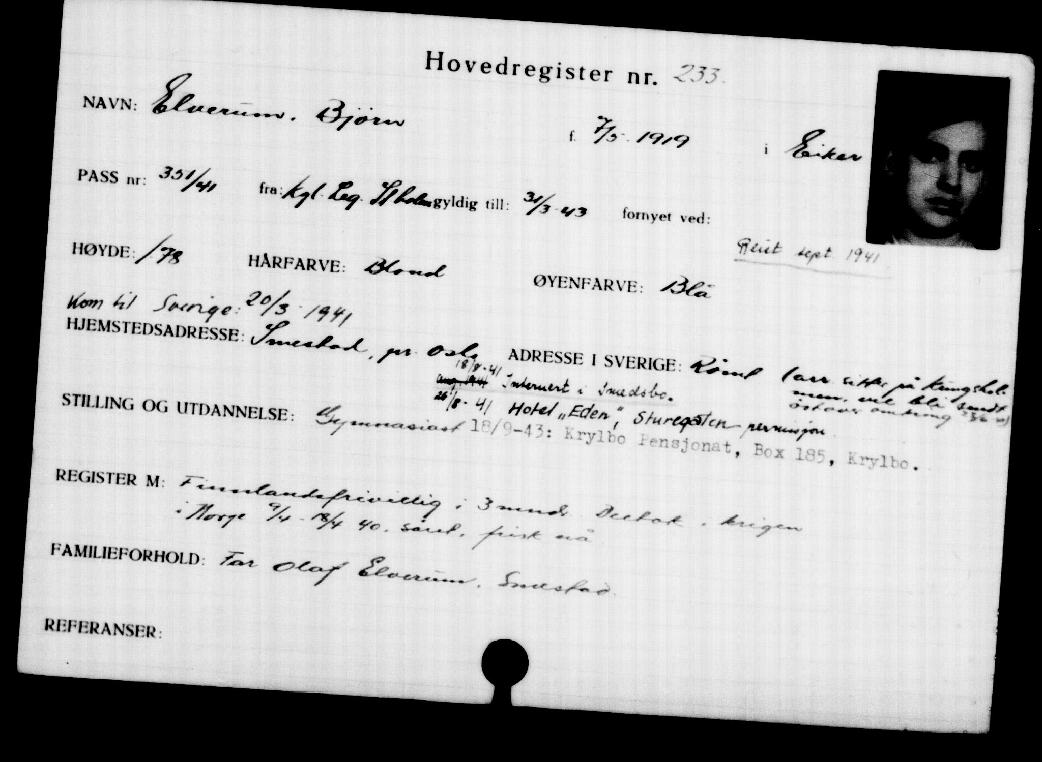 Utenriksstasjonene, Legasjonen i Stockholm, Flyktningkontoret, AV/RA-S-6753/V/Va/L0001: Kjesäterkartoteket, flyktninger med registreringsnr. 1-1000, 1940-1945, s. 373