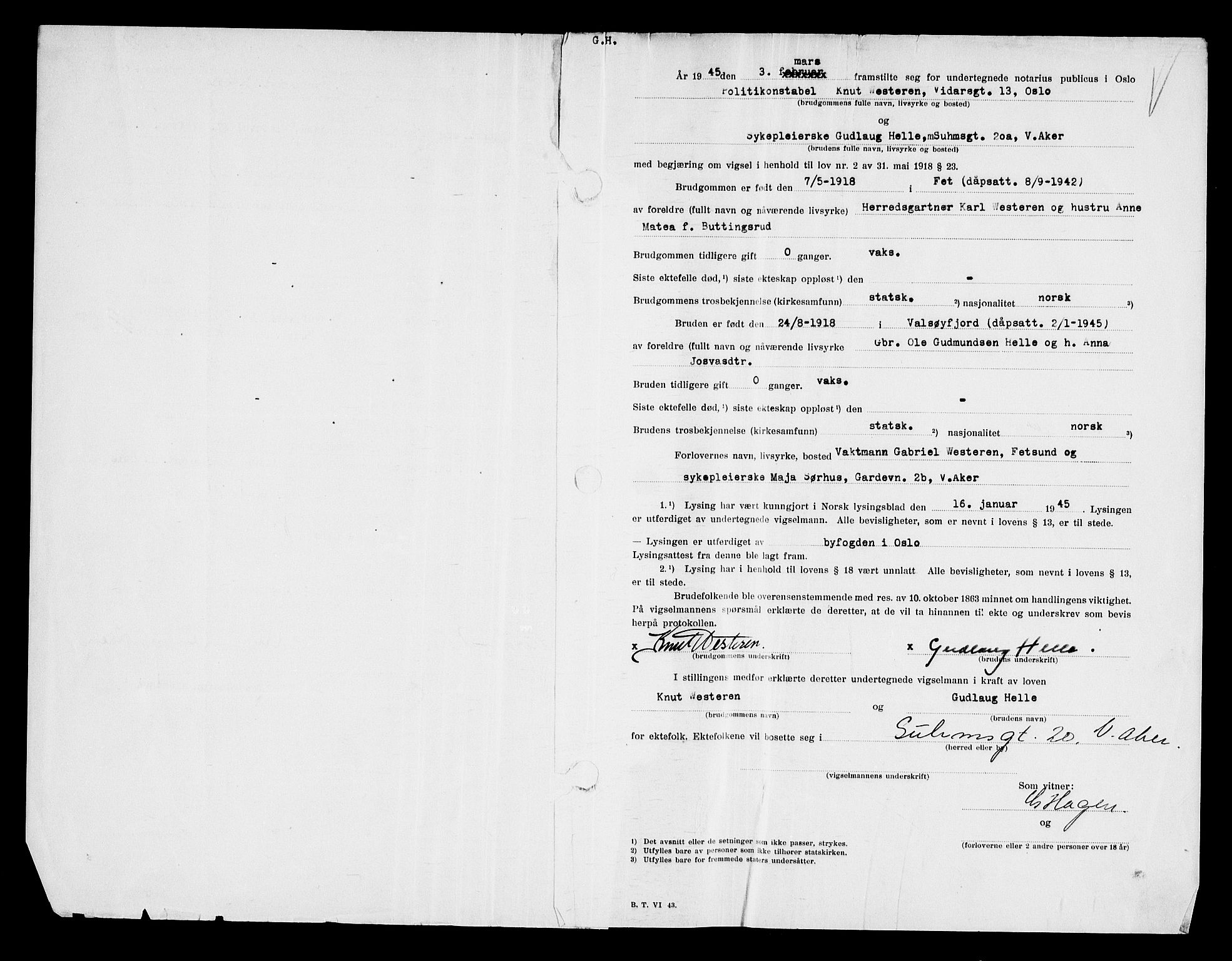 Oslo byfogd avd. I, AV/SAO-A-10220/L/Lb/Lbb/L0053: Notarialprotokoll, rekke II: Vigsler, 1945