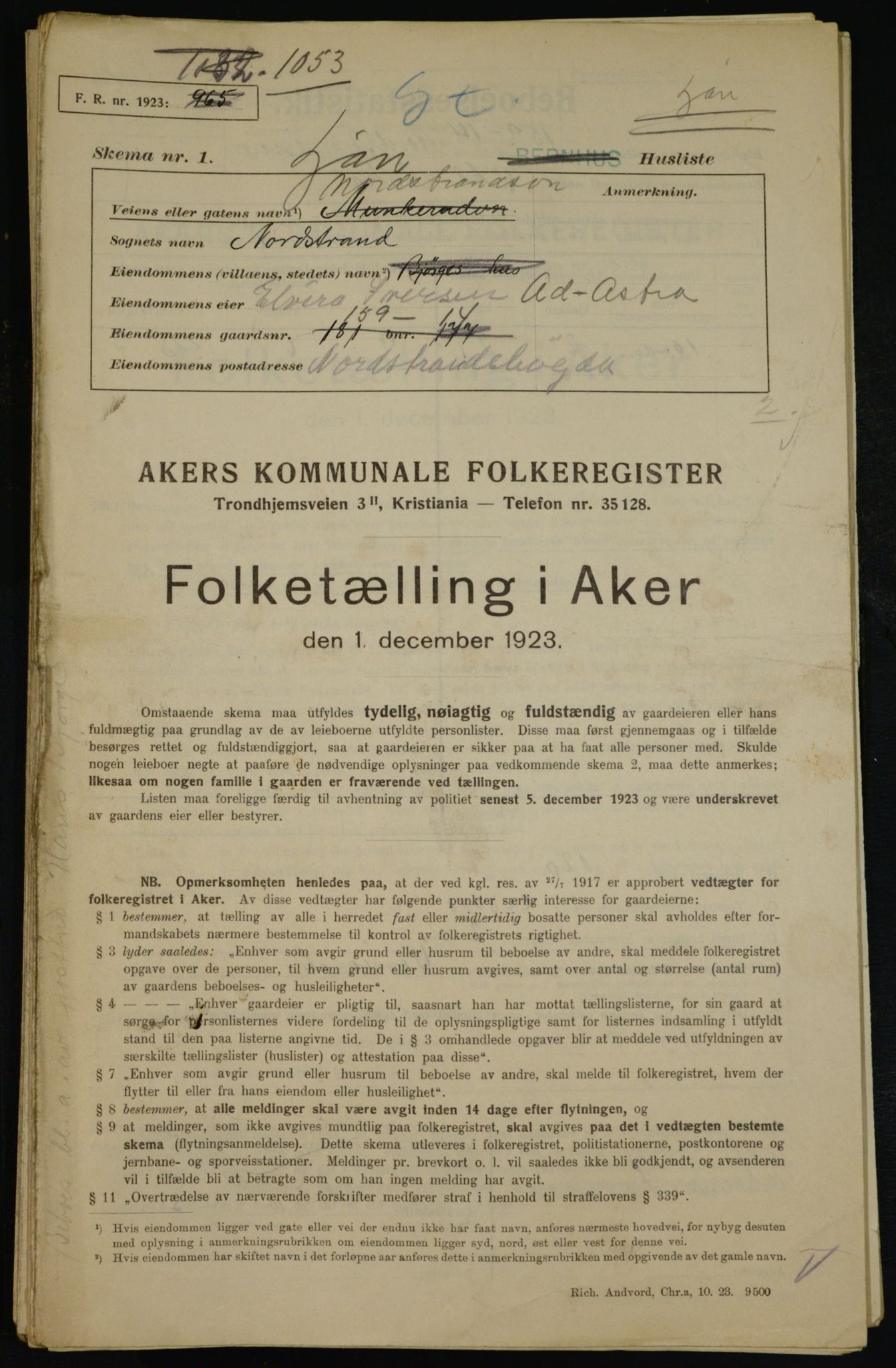 , Kommunal folketelling 1.12.1923 for Aker, 1923, s. 42763