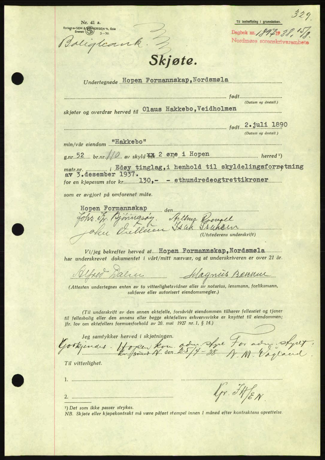Nordmøre sorenskriveri, SAT/A-4132/1/2/2Ca: Pantebok nr. A84, 1938-1938, Dagboknr: 1897/1938