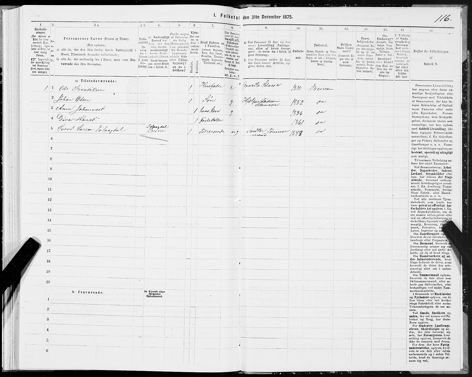 SAT, Folketelling 1875 for 1839P Beiarn prestegjeld, 1875, s. 1116