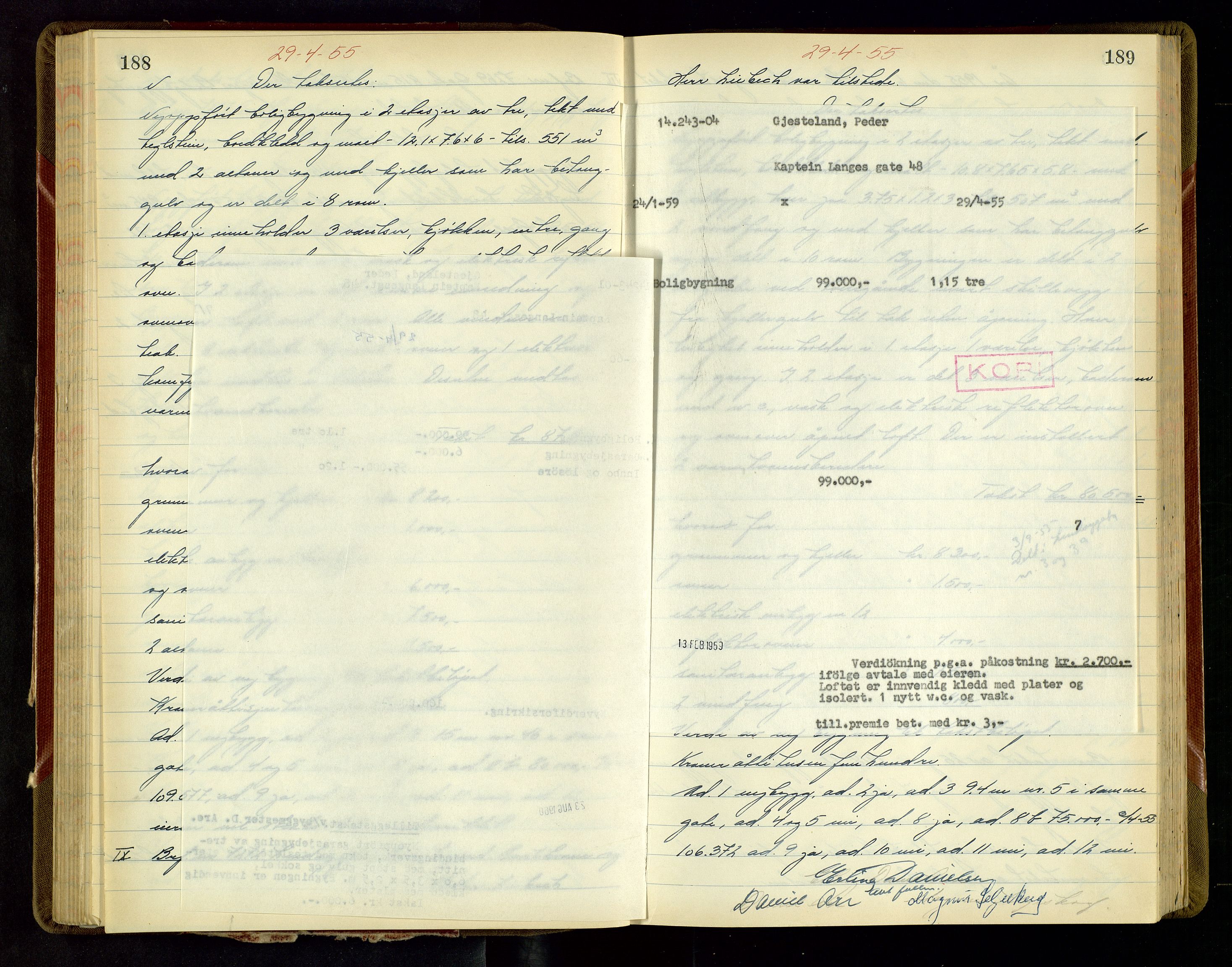 Norges Brannkasse Stavanger, AV/SAST-A-102143/F/Fd/L0041: Branntaksprotokoll nr. 52, 1954-1955, s. 188-189