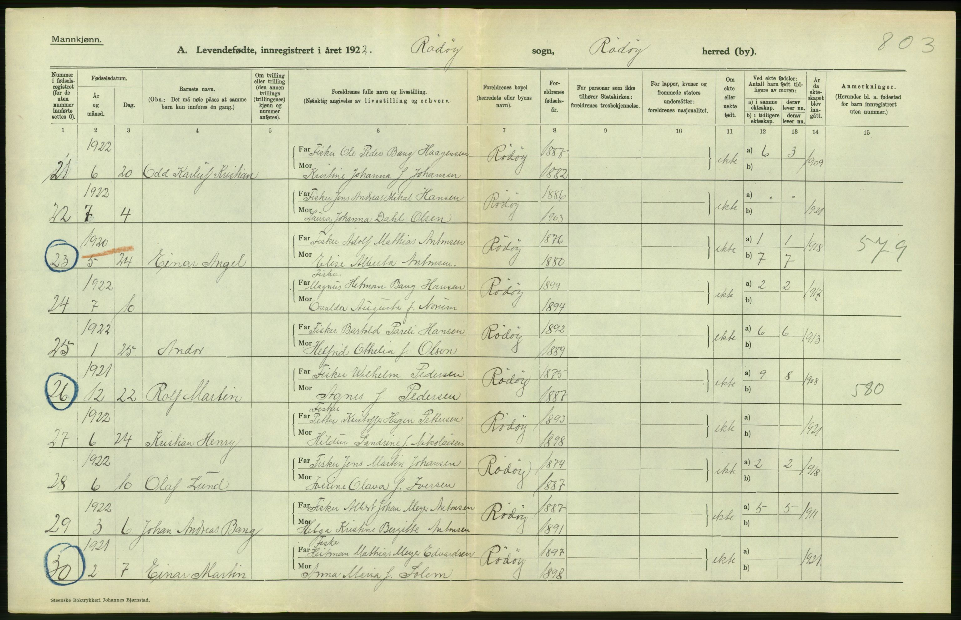 Statistisk sentralbyrå, Sosiodemografiske emner, Befolkning, AV/RA-S-2228/D/Df/Dfc/Dfcb/L0044: Nordland fylke: Levendefødte menn og kvinner. Bygder og byer., 1922, s. 320