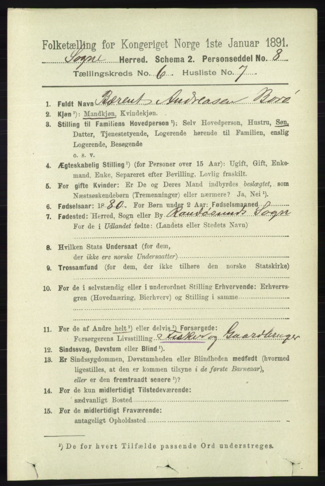 RA, Folketelling 1891 for 1018 Søgne herred, 1891, s. 1409