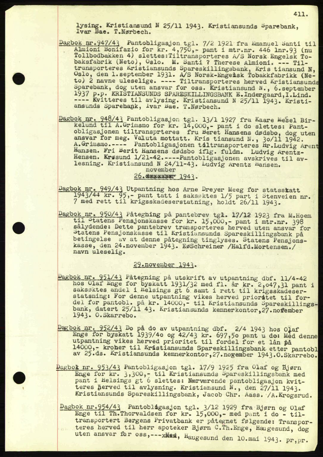 Kristiansund byfogd, AV/SAT-A-4587/A/27: Pantebok nr. 32a, 1938-1946, Dagboknr: 947/1943