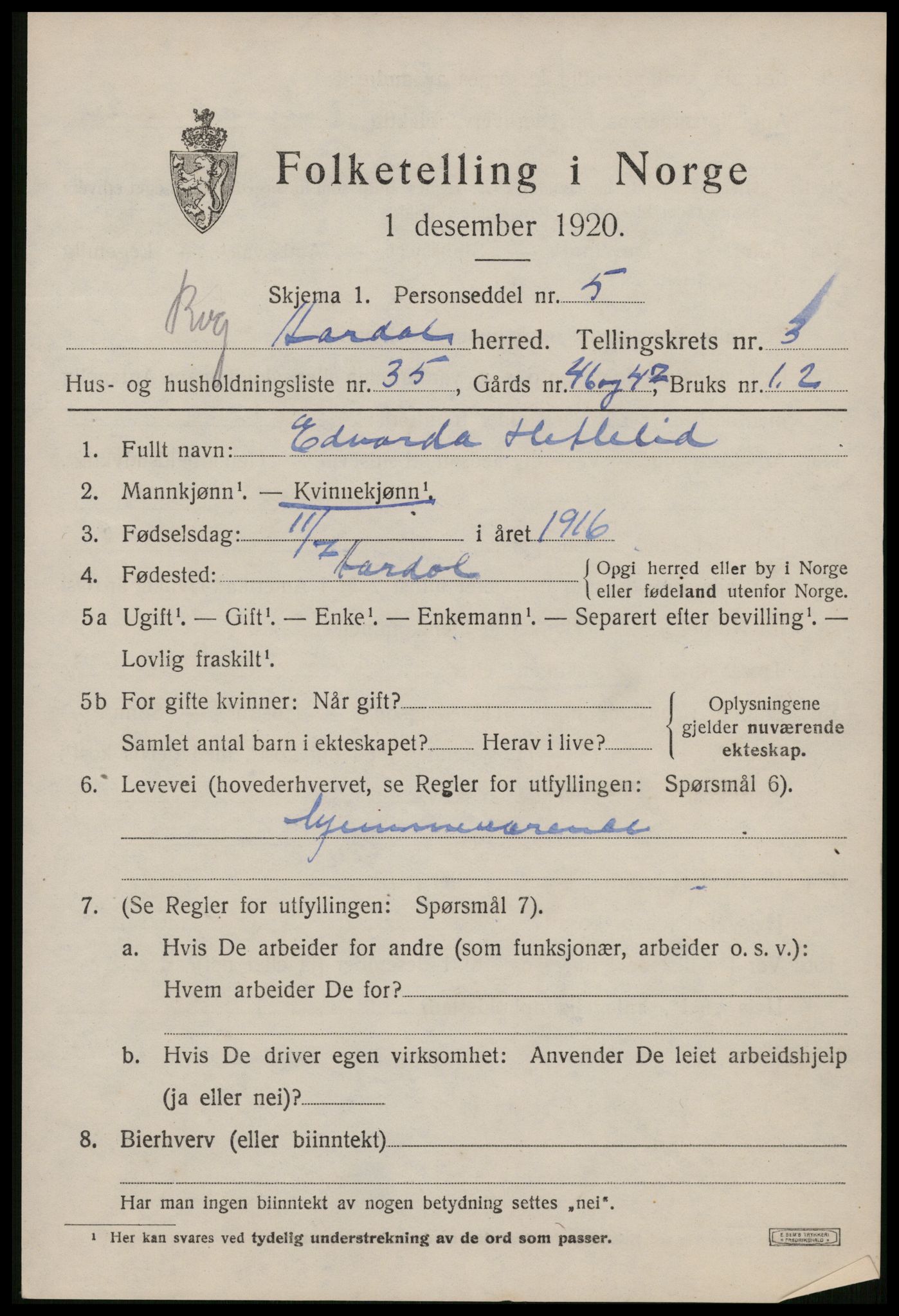 SAST, Folketelling 1920 for 1131 Årdal herred, 1920, s. 1170