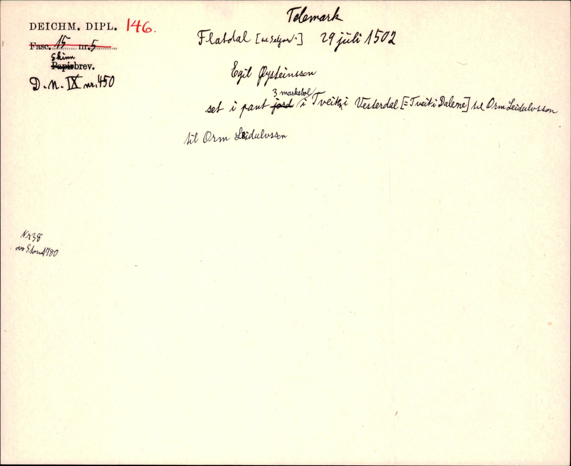 Riksarkivets diplomsamling, AV/RA-EA-5965/F35/F35j/L0001: Regestsedler: Deichmanske diplomer nr. 1-450, s. 303