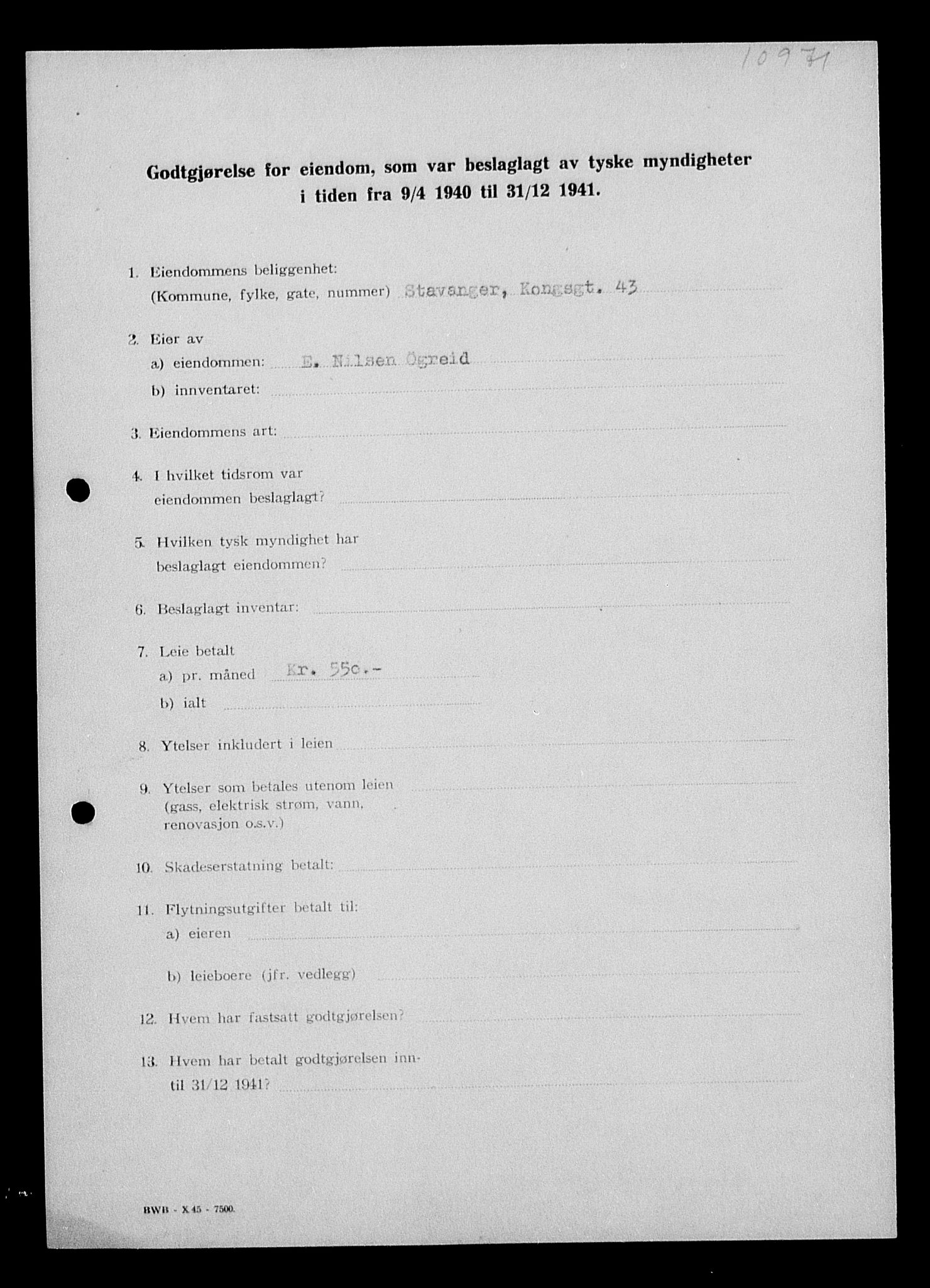 Justisdepartementet, Tilbakeføringskontoret for inndratte formuer, RA/S-1564/I/L1014: Godtgjørelse for beslaglagt eiendom, 1940-1941, s. 156