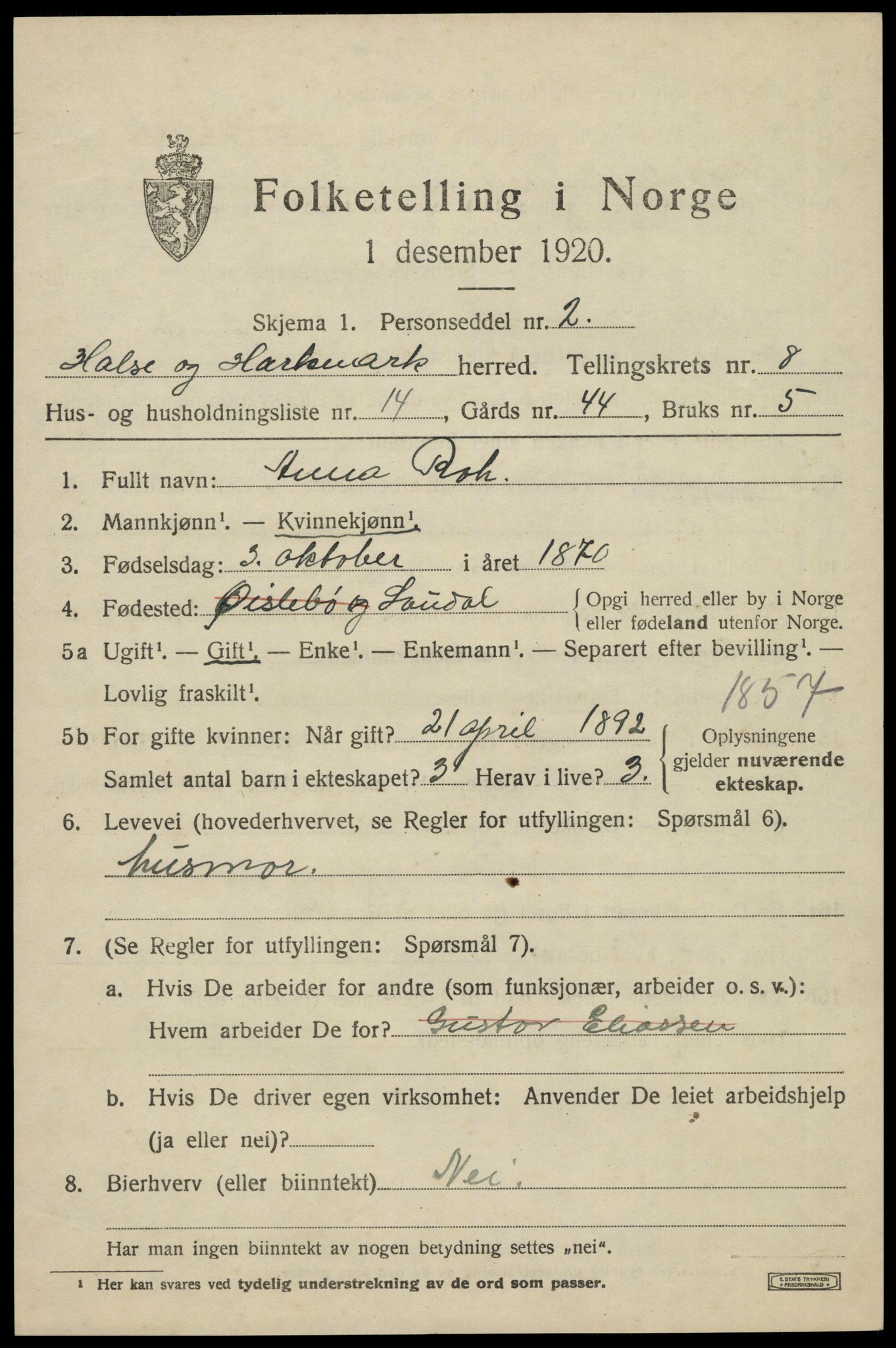 SAK, Folketelling 1920 for 1019 Halse og Harkmark herred, 1920, s. 4445