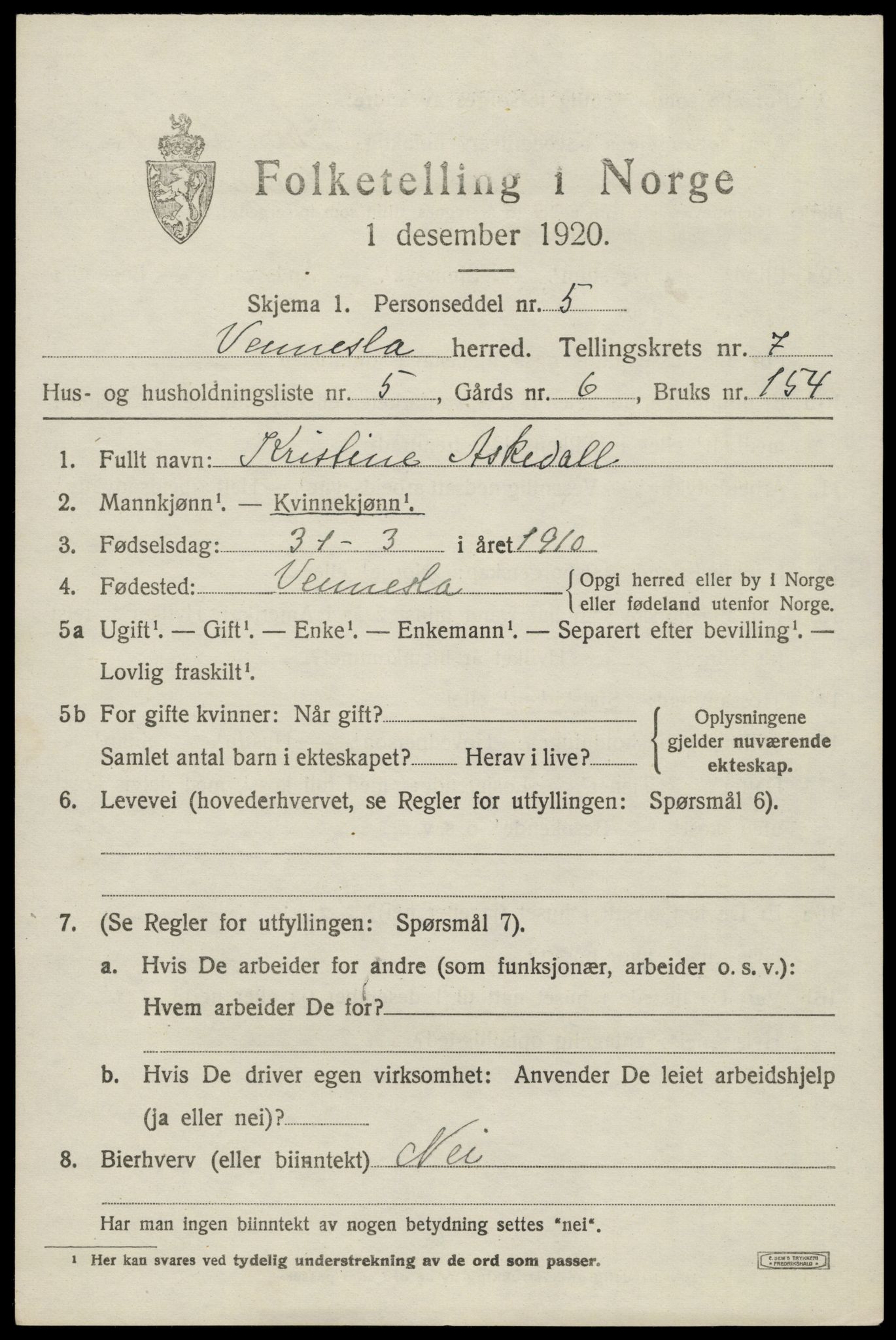 SAK, Folketelling 1920 for 1014 Vennesla herred, 1920, s. 4804