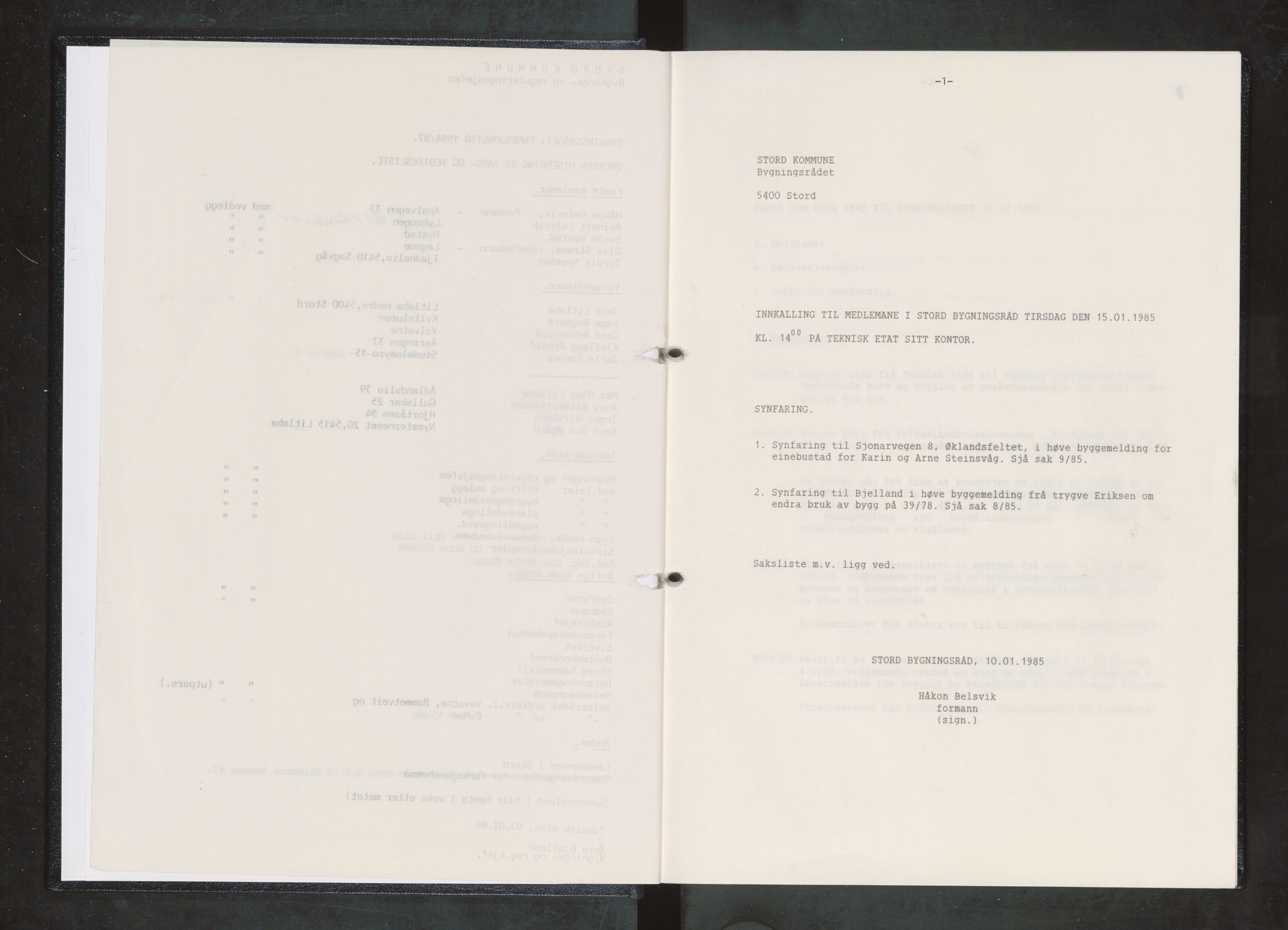 Stord kommune. Bygningsrådet, IKAH/1221-511/A/Aa/L0048: Møtebok for Stord bygningsråd, 1985