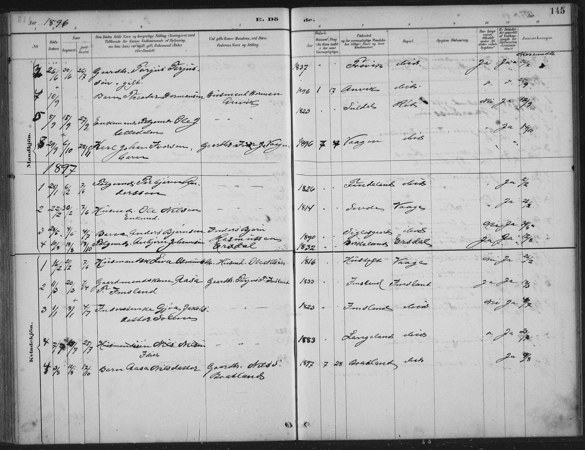 Vikedal sokneprestkontor, AV/SAST-A-101840/01/IV: Ministerialbok nr. A 12, 1886-1929, s. 145