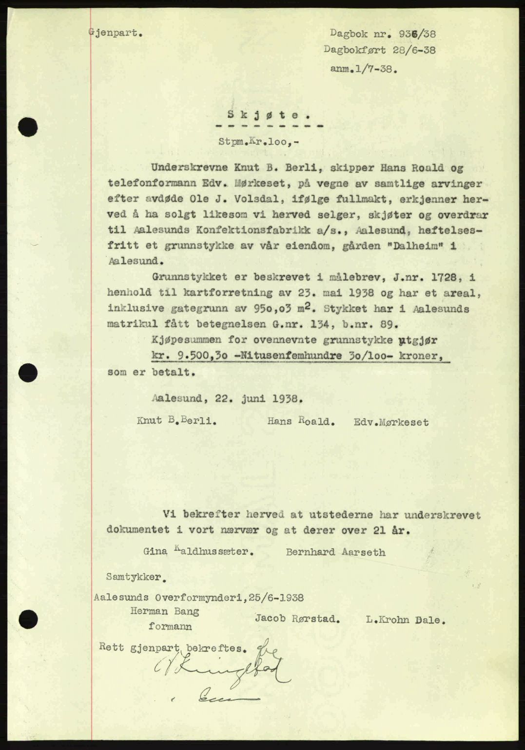 Ålesund byfogd, AV/SAT-A-4384: Pantebok nr. 34 II, 1938-1940, Dagboknr: 936/1938