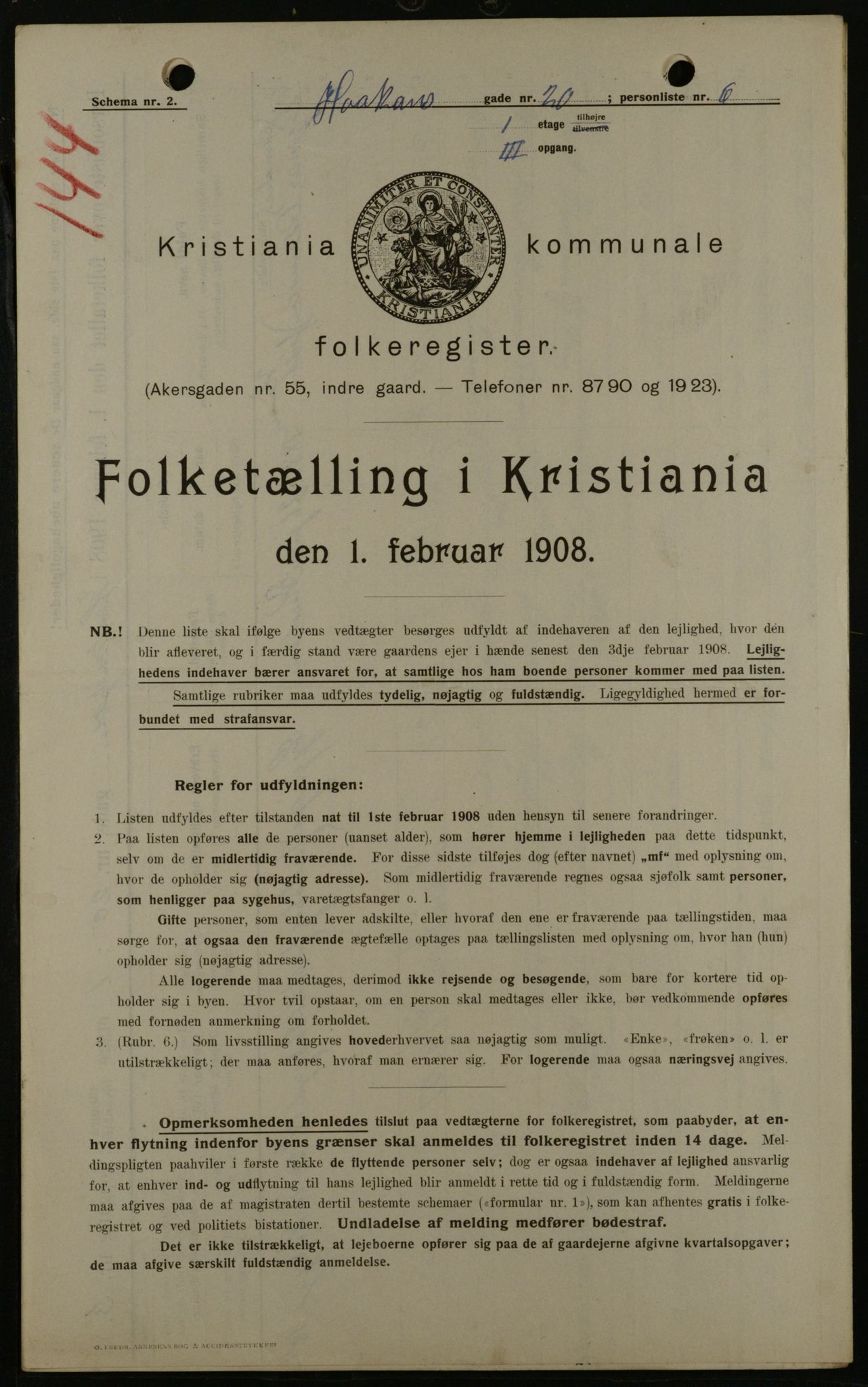 OBA, Kommunal folketelling 1.2.1908 for Kristiania kjøpstad, 1908, s. 38697