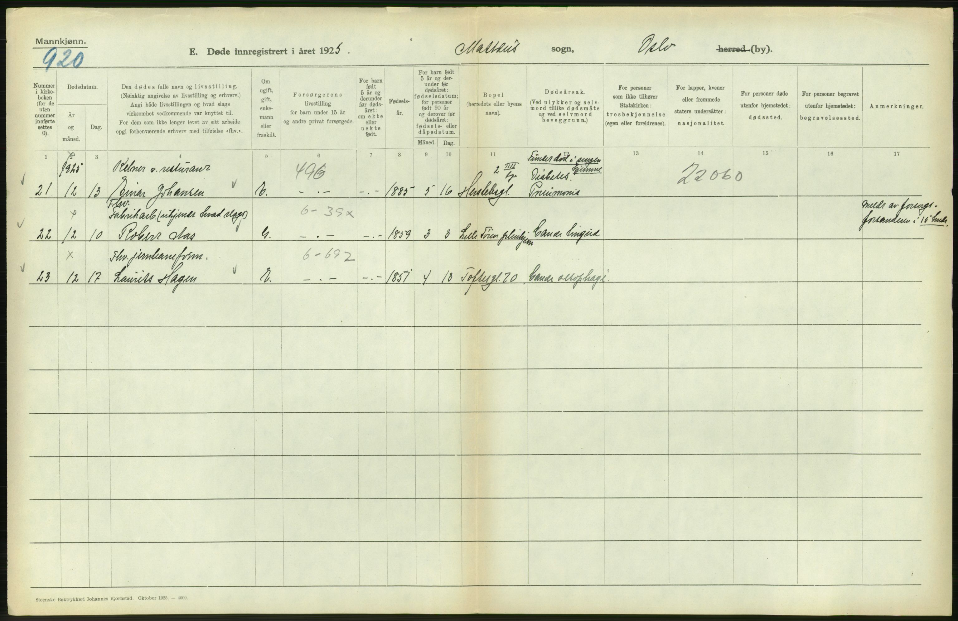 Statistisk sentralbyrå, Sosiodemografiske emner, Befolkning, AV/RA-S-2228/D/Df/Dfc/Dfce/L0009: Oslo: Døde menn, 1925, s. 348