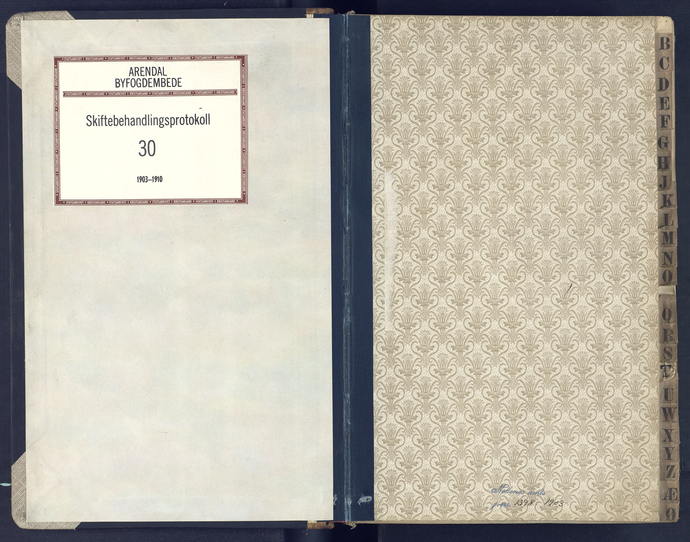 Arendal byfogd, SAK/1222-0001/H/Hc/L0032: Skiftebehandlingsprotokoll nr. 30, 1903-1910