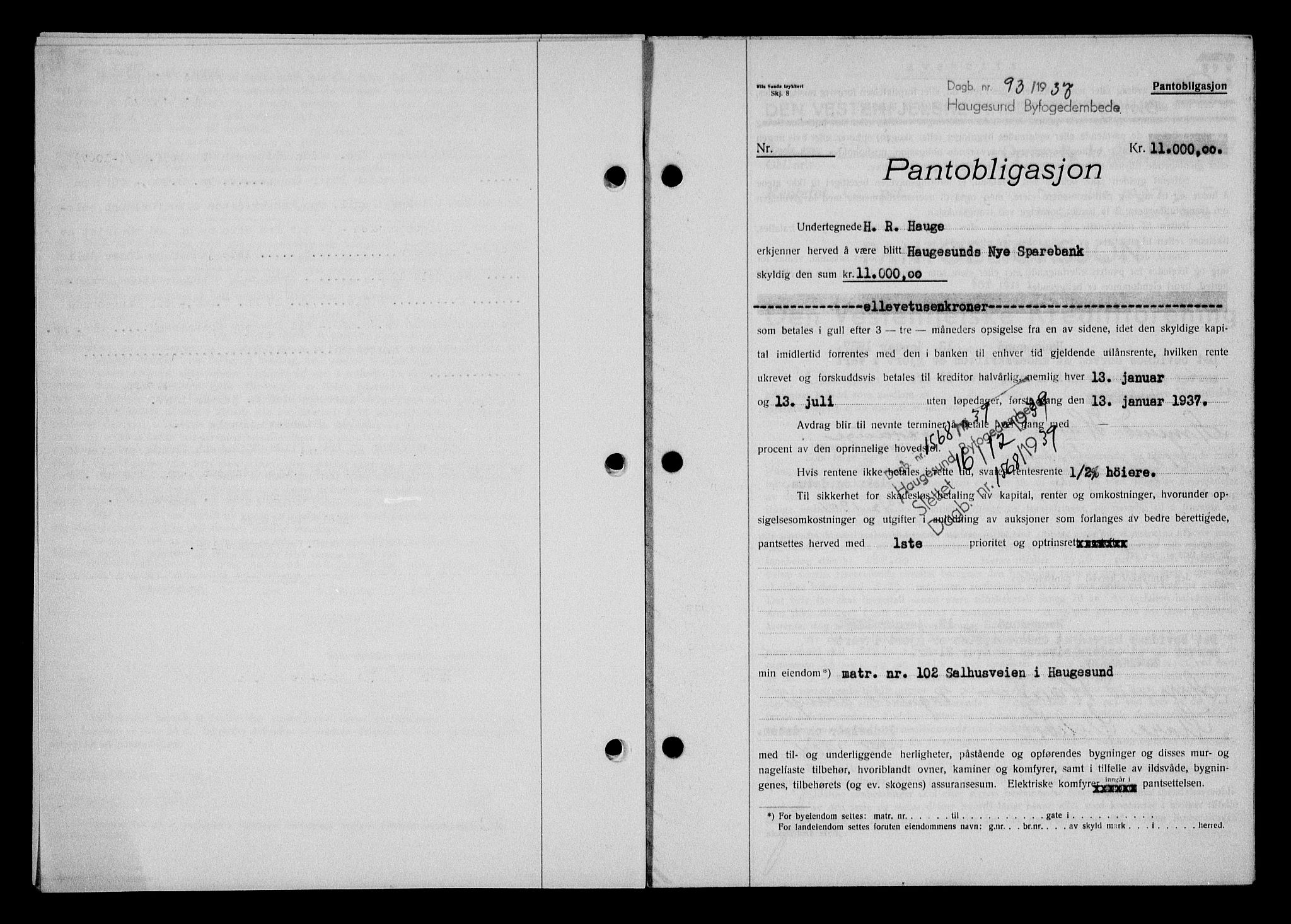 Haugesund tingrett, AV/SAST-A-101415/01/II/IIC/L0031: Pantebok nr. 31, 1936-1938, Dagboknr: 93/1937