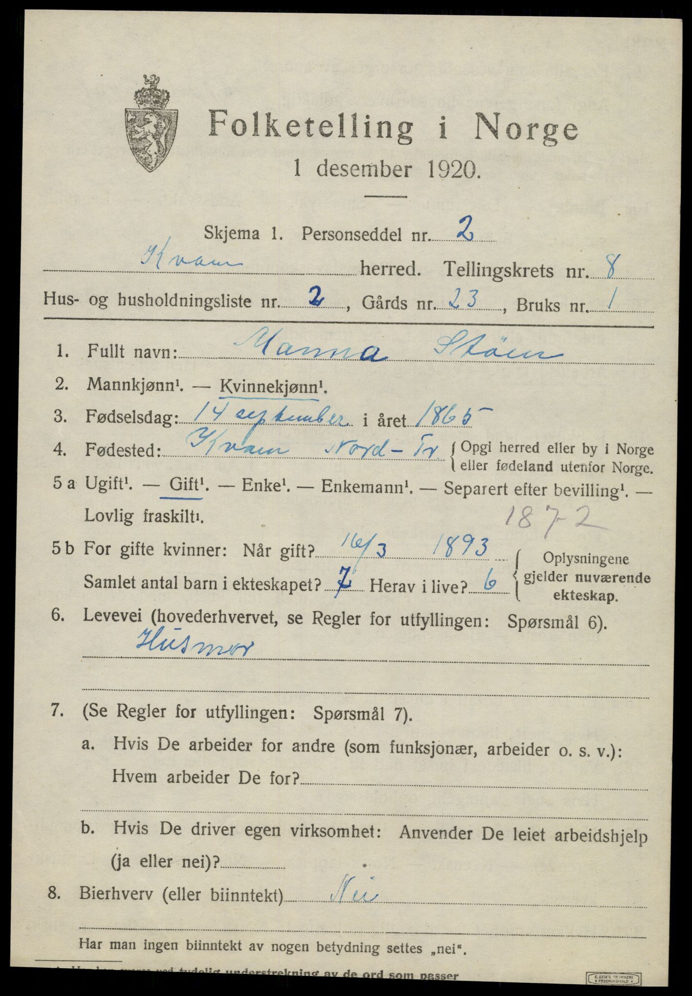 SAT, Folketelling 1920 for 1735 Kvam herred, 1920, s. 2001