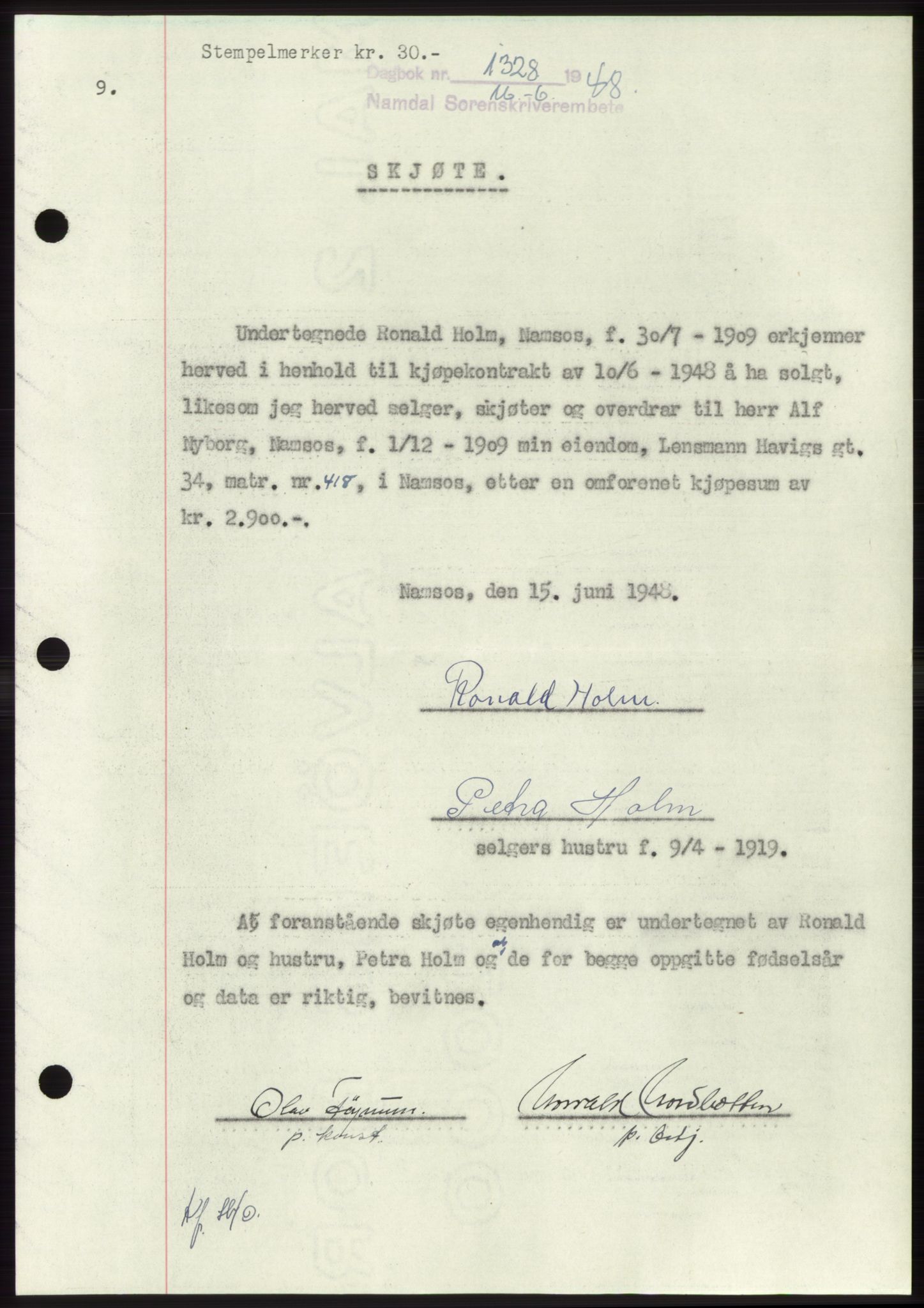Namdal sorenskriveri, SAT/A-4133/1/2/2C: Pantebok nr. -, 1948-1948, Dagboknr: 1328/1948
