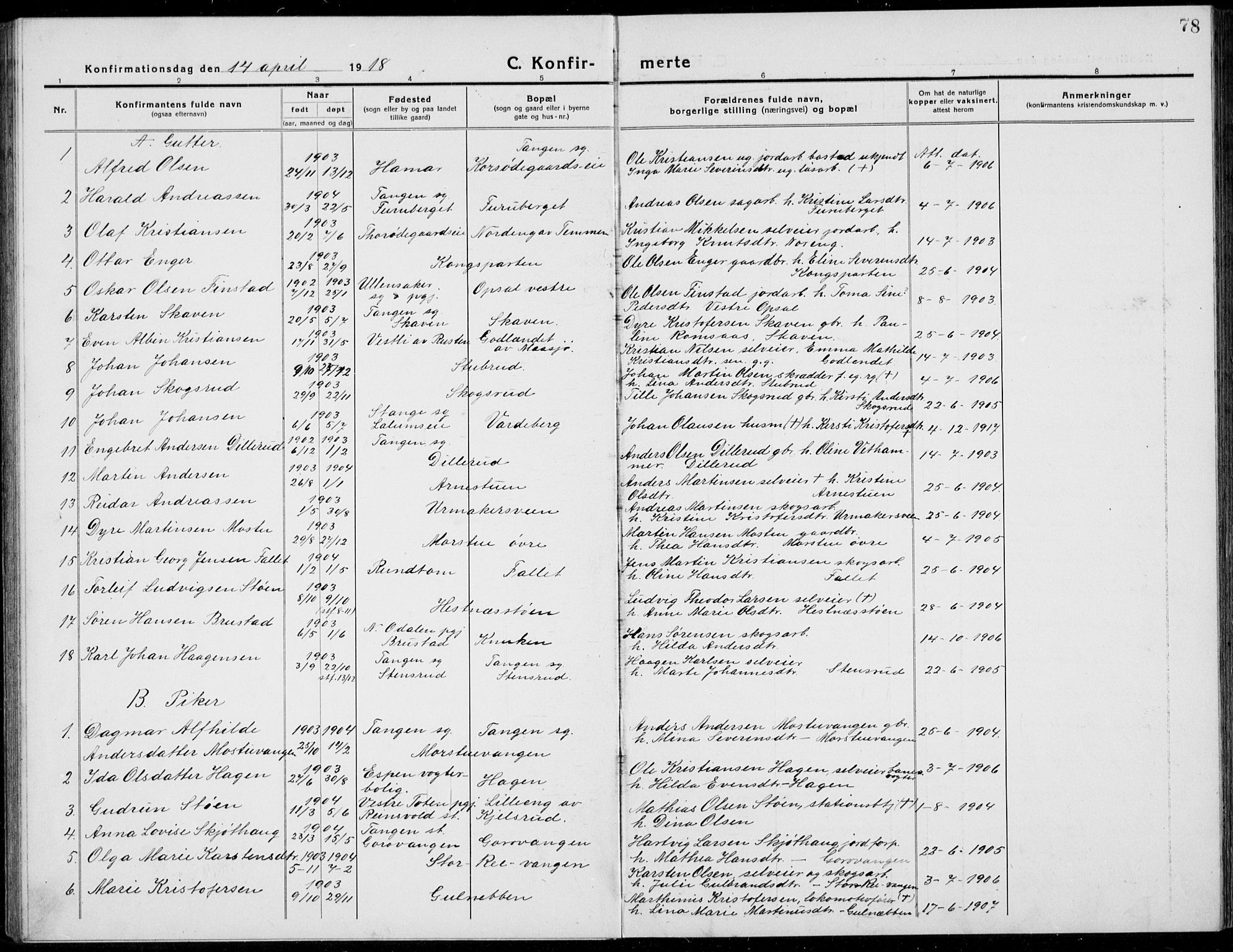 Stange prestekontor, AV/SAH-PREST-002/L/L0017: Klokkerbok nr. 17, 1918-1936, s. 78