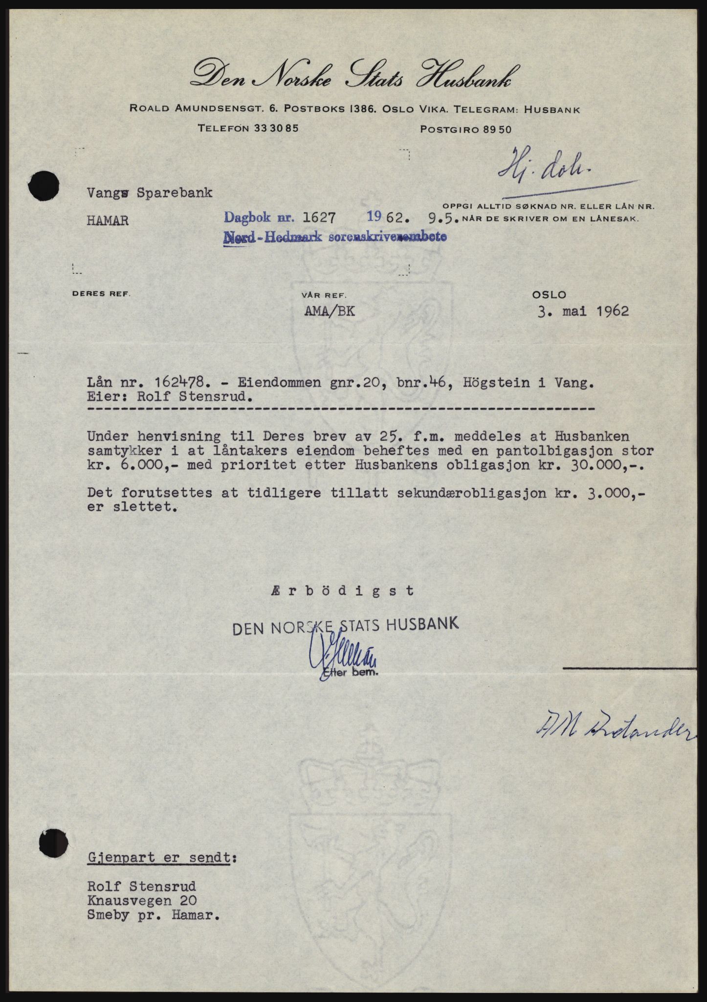 Nord-Hedmark sorenskriveri, SAH/TING-012/H/Hc/L0016: Pantebok nr. 16, 1962-1962, Dagboknr: 1627/1962