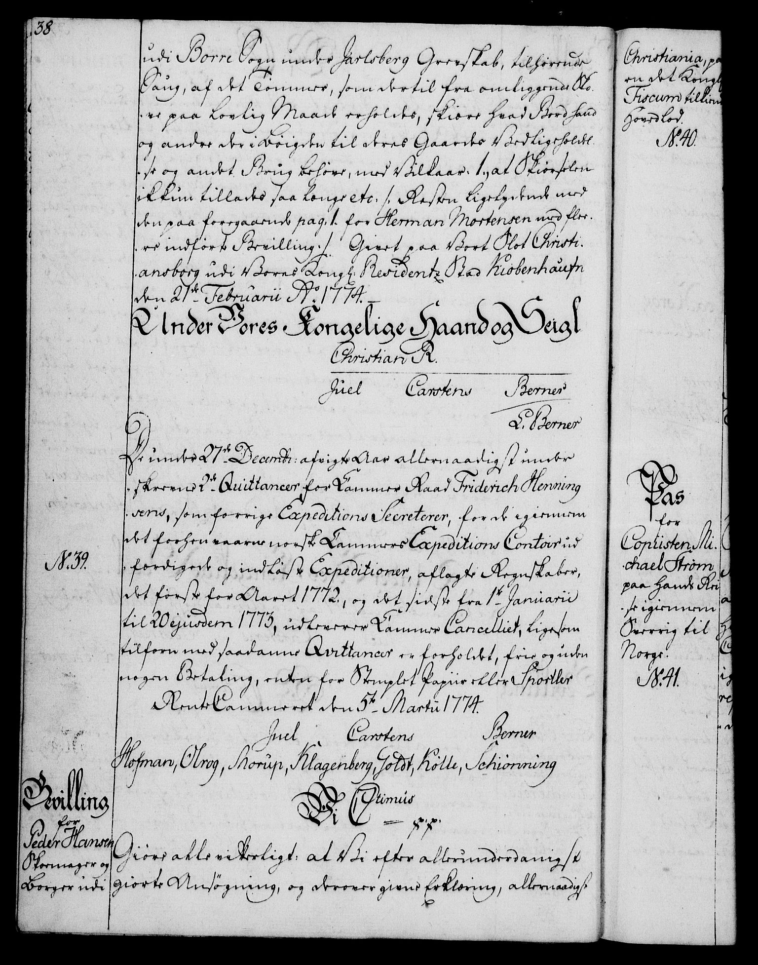 Rentekammeret, Kammerkanselliet, RA/EA-3111/G/Gg/Gga/L0010: Norsk ekspedisjonsprotokoll med register (merket RK 53.10), 1773-1778, s. 38
