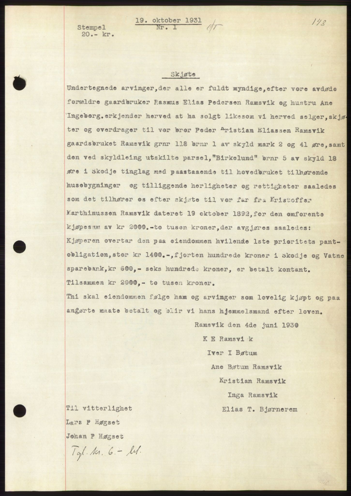 Nordre Sunnmøre sorenskriveri, SAT/A-0006/1/2/2C/2Ca/L0049: Pantebok nr. 49, 1931-1932, Tingl.dato: 19.10.1931