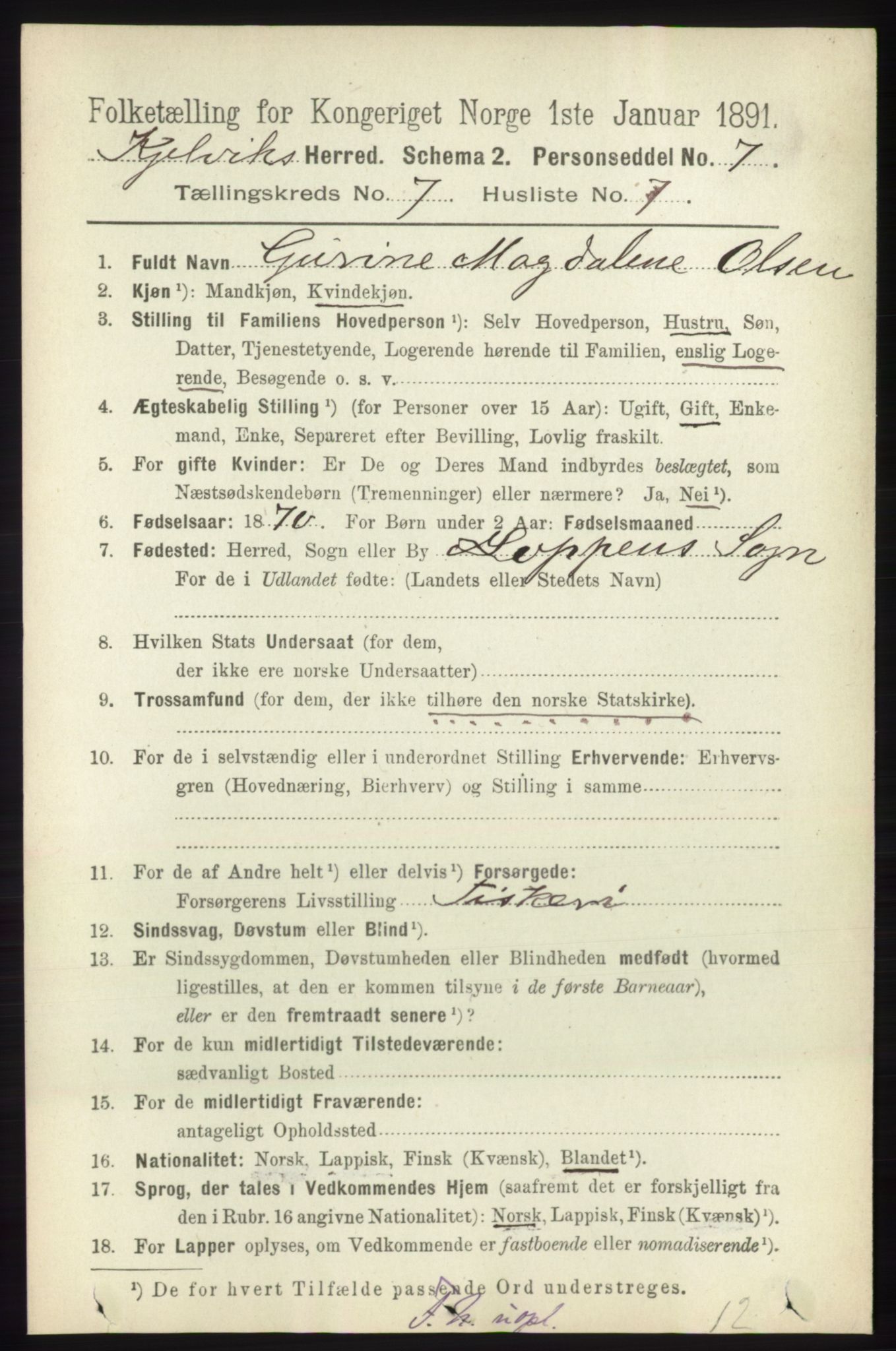 RA, Folketelling 1891 for 2019 Kjelvik herred, 1891, s. 931
