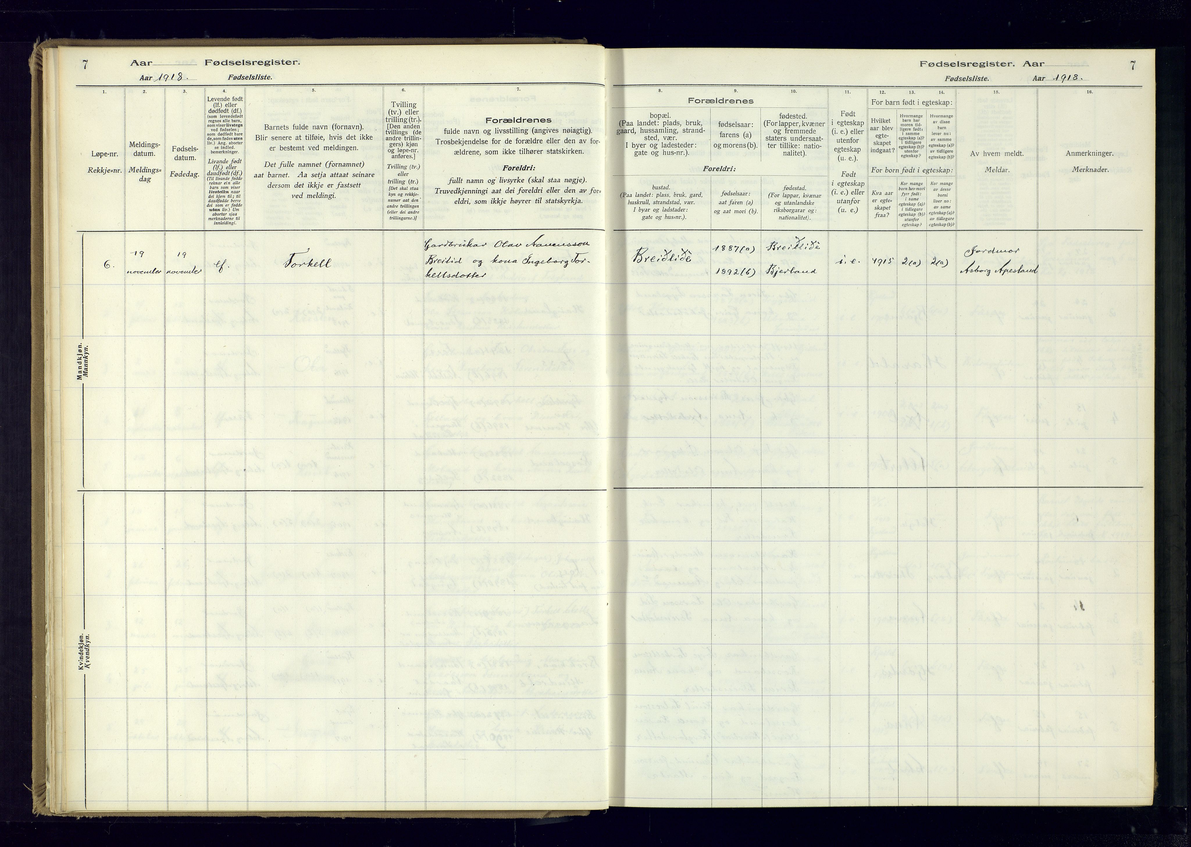 Bjelland sokneprestkontor, SAK/1111-0005/J/Ja/L0001: Fødselsregister nr. II.4.2, 1916-1982, s. 7