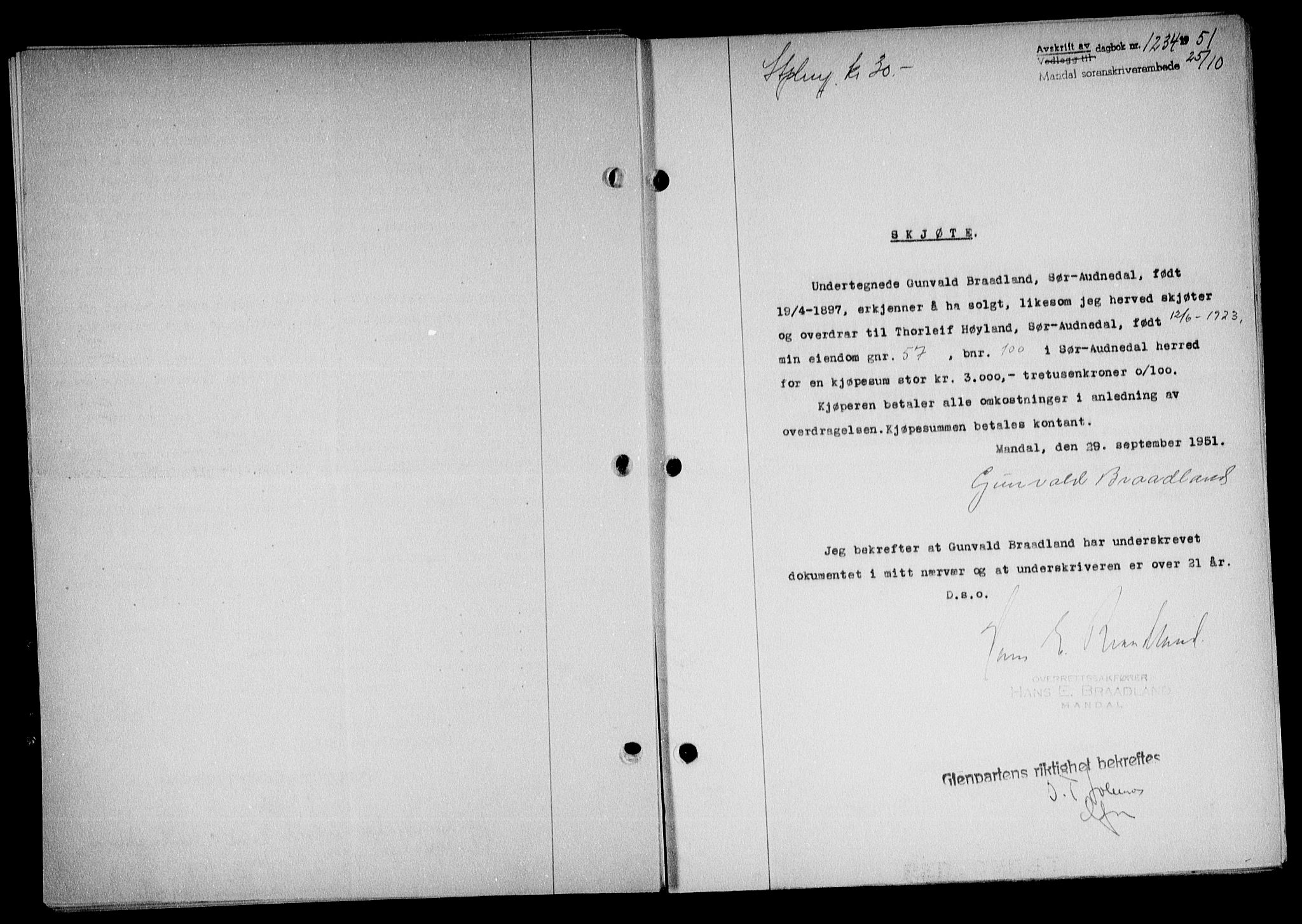 Mandal sorenskriveri, SAK/1221-0005/001/G/Gb/Gba/L0084: Pantebok nr. A-21, 1951-1951, Dagboknr: 1234/1951