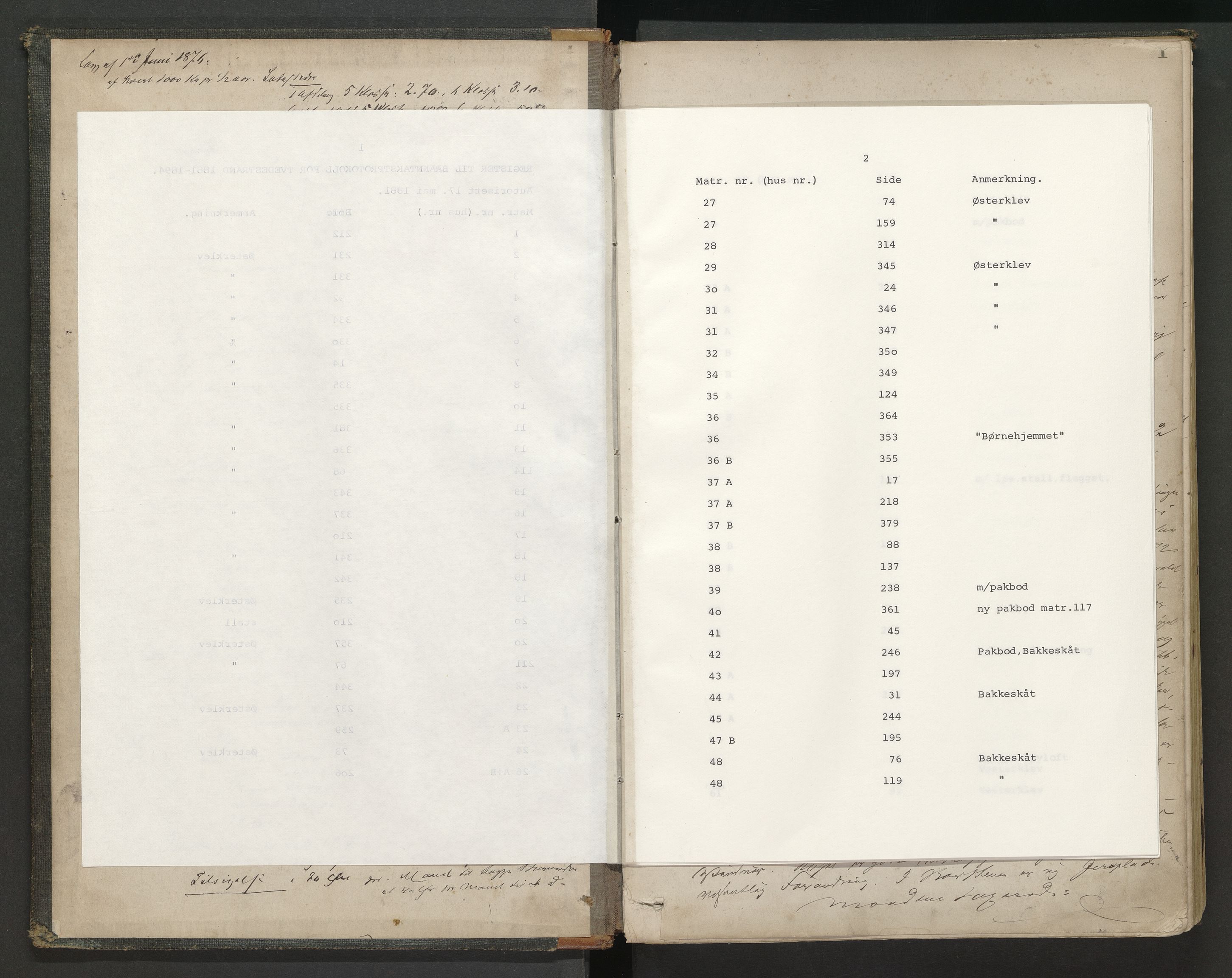 Norges Brannkasse Tvedestrand, AV/SAK-2241-0050/F/Fa/L0003: Branntakstprotokoll nr. 3 med matrikkelnummerregister, 1881-1894