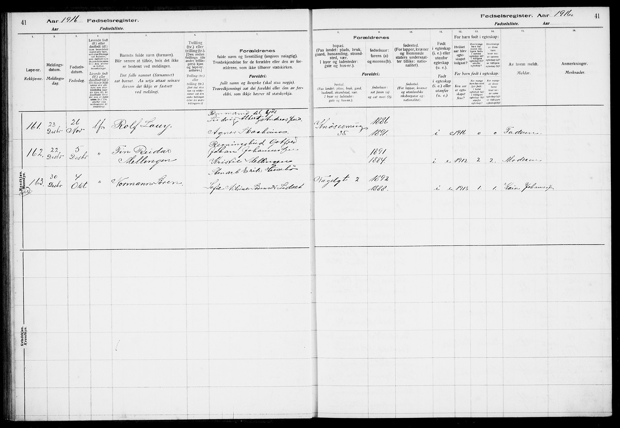Nykirken Sokneprestembete, SAB/A-77101/I/Id/L00A1: Fødselsregister nr. A 1, 1916-1922, s. 41