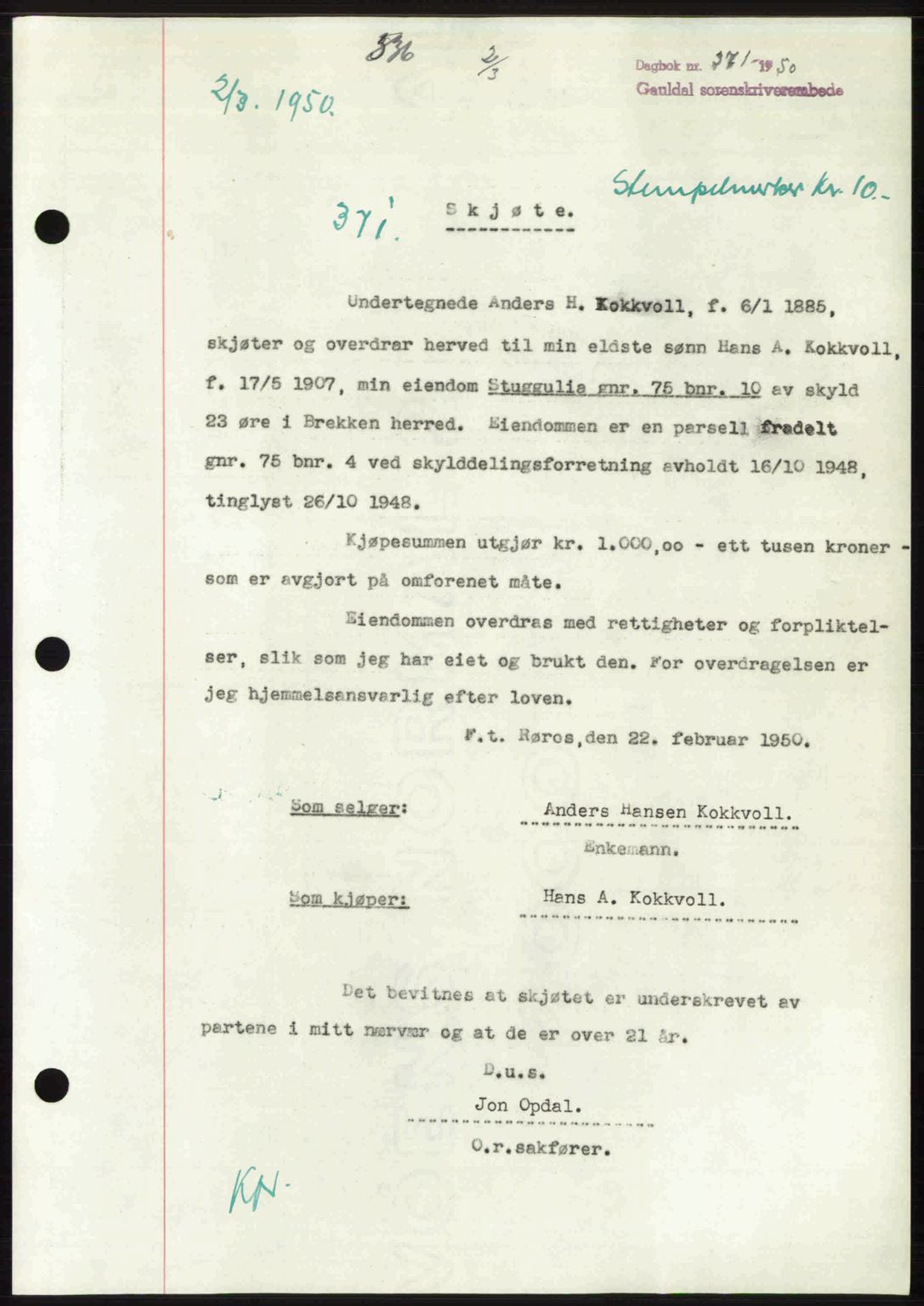 Gauldal sorenskriveri, SAT/A-0014/1/2/2C: Pantebok nr. A9, 1949-1950, Dagboknr: 371/1950