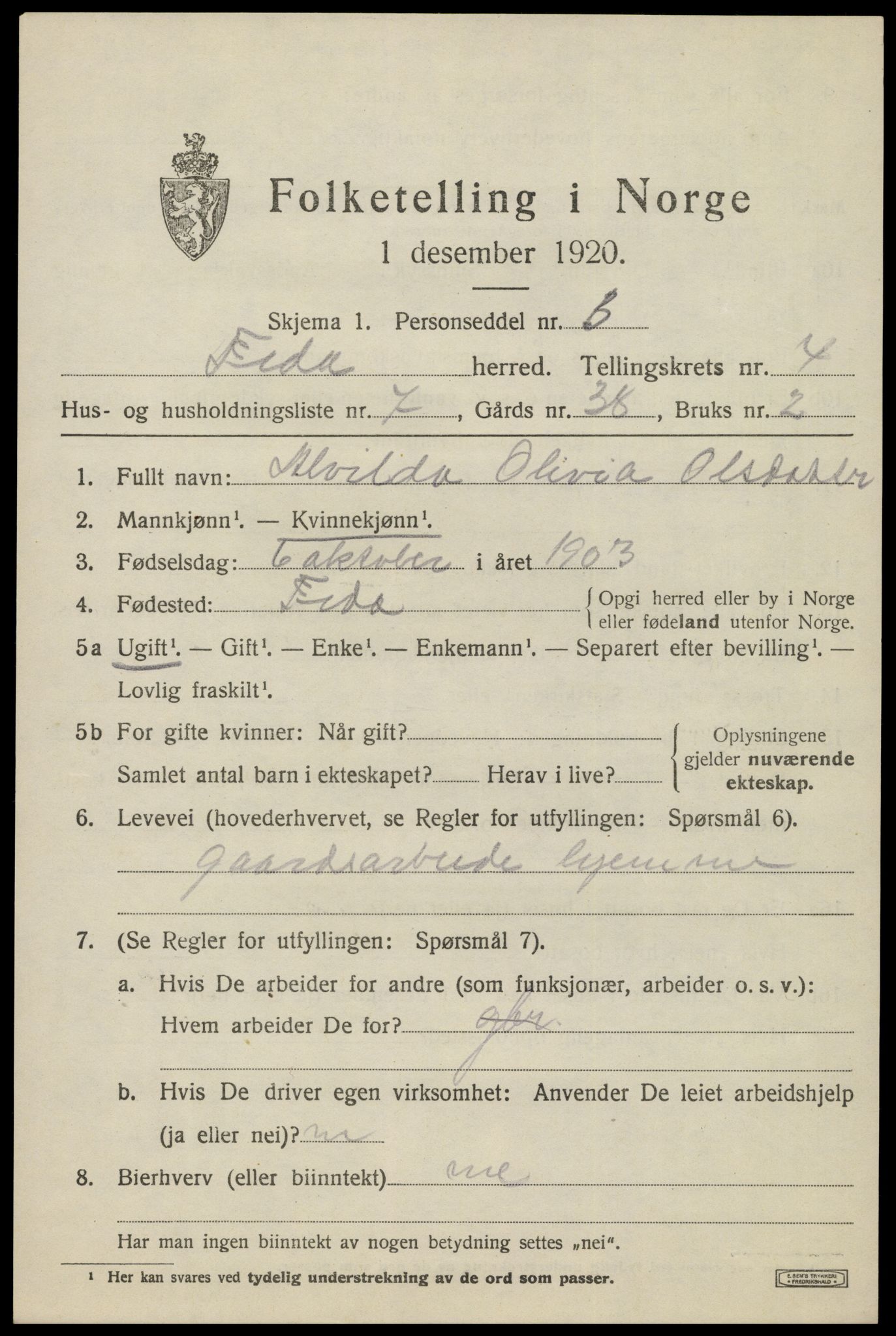 SAK, Folketelling 1920 for 1038 Feda herred, 1920, s. 1885
