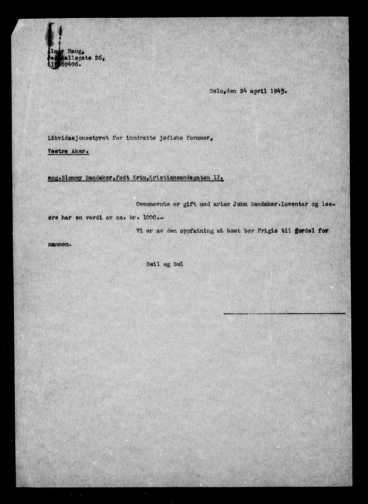 Justisdepartementet, Tilbakeføringskontoret for inndratte formuer, AV/RA-S-1564/H/Hc/Hcc/L0977: --, 1945-1947, s. 7