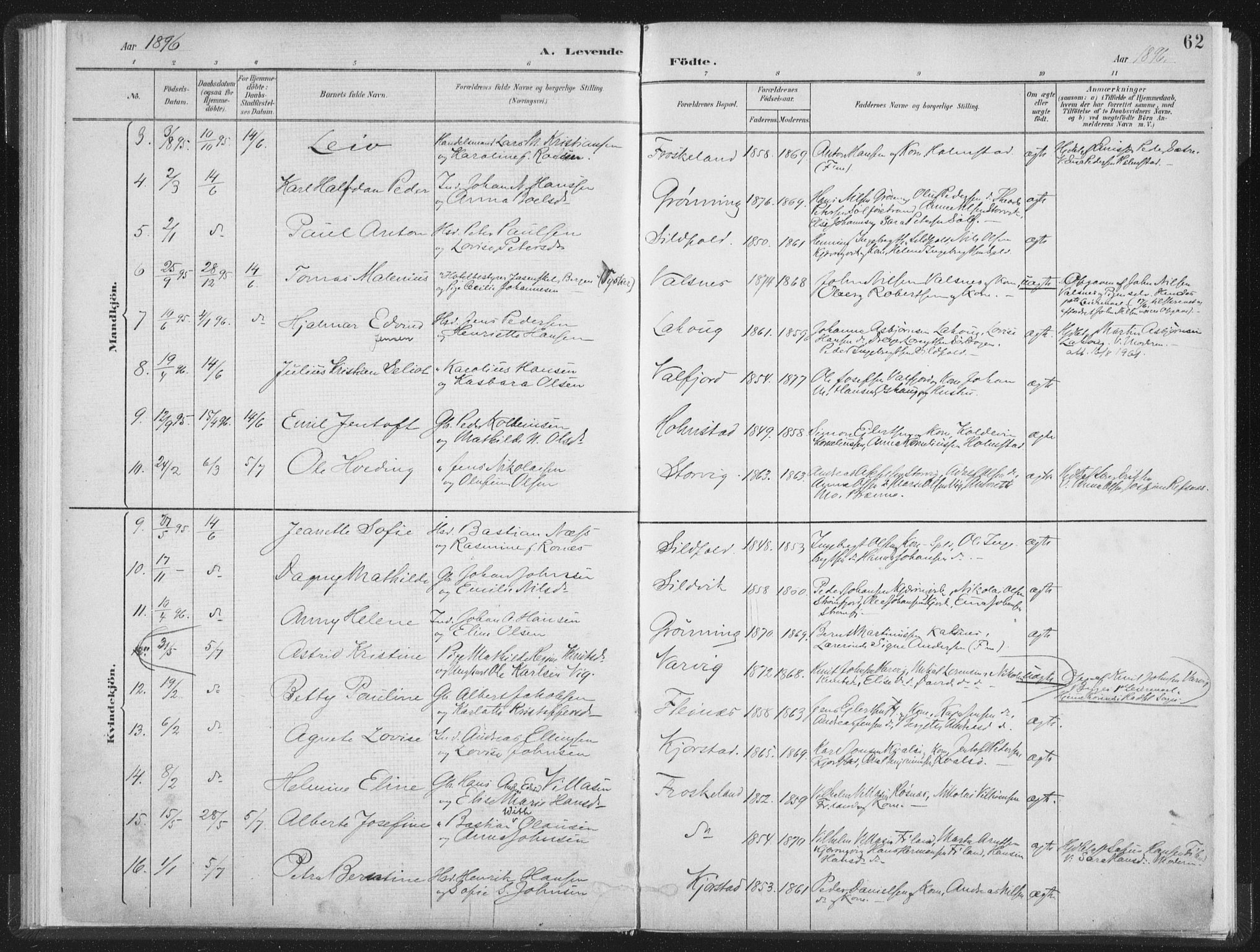 Ministerialprotokoller, klokkerbøker og fødselsregistre - Nordland, AV/SAT-A-1459/890/L1286: Ministerialbok nr. 890A01, 1882-1902, s. 62